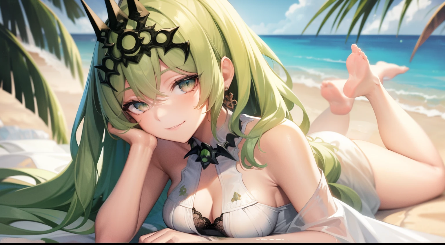 laying down, solo, 1girl, highres, green eyes, green hair, small breasts, looking at viewer, jewelry, crown, earring, lace, sundress, shawl, outdoor, beachside, seductive smile, beautiful, HD