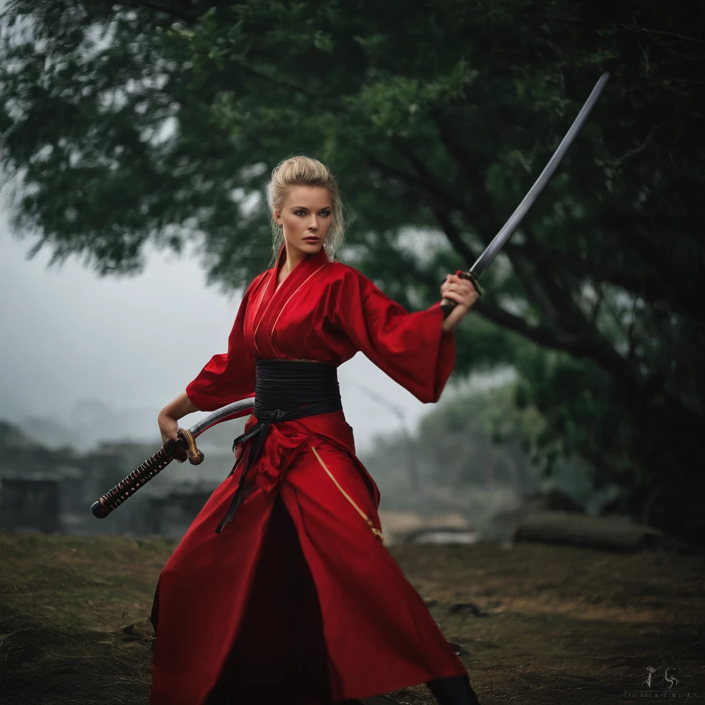 Super high quality editorial high fashion photos top quality,
hyperphotorealistic,

Night. 
Dark storm clouds.
Pouring rain. 
Brigitte Bardot, 18 years old with blonde ponytail "Samly" Female samurai wearing a high-cut gray latex leotard、puffy shoulder pads、pirate blouse sleeves、wearing a red silk sash。.
Black latex stocking headband rests Samurai Kitana&#39;s sword on shoulder。. 
(Detailed cameltoe, Detailed vulva) (Detailed skin texture, Cellulite) Oiled butt She looks at the camera over her left shoulder Super high quality compilation High fashion photography Top quality,
hyperphotorealistic,

Night. 
Dark storm clouds.
Pouring rain. She stands tall in the ruins of a once thriving city.. her superheroine costume、Stained with the remnants of that day&#39;s conflict, But her resolve remains unbroken..  The destroyed building behind her、A stark reminder of the cost of war。, But it&#39;s also a testament to her courage and resilience.. She is standing in a kendo pose with her sword ready.、I&#39;m ready to hit. Use still images of kendo kata and photos of samurai as reference for poses. Handheld shot of an exciting dynamic martial arts pose, Dramatic Angle, Extreme Angle Shots. The camera has an ultra-wide-angle lens、attached to the drone、As if it were being controlled by a voyeur sneaking up from below and taking photos.、Capture her dilemma from the most obvious angle。, From  above, See up close the wide-angle distortion that invades her space, low  angle shot, Handheld Shooting