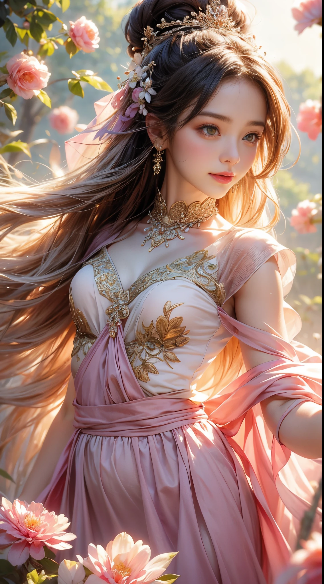 (A Masterpiece)、(maximum quality)、(Realistic)、Charming daughter、Portrait of a beautiful girl、Transparent eyes、beautifuldetailedeyes、Glitter eyes、Glowing eyes、flawless face、Beautiful nose、Beautiful mouth、Pretty lips、fine-grained skin、portrait shooting、Professional artwork、in 8K、photo-realistic、long dress、Elegant face、flawless anatomy、Perfect female body:1.4、Ultra-realistic painting:1.4、Ultra-precision painting:1.4、HDR:1.4、HQ、RAW Photography、necklaces、earings、