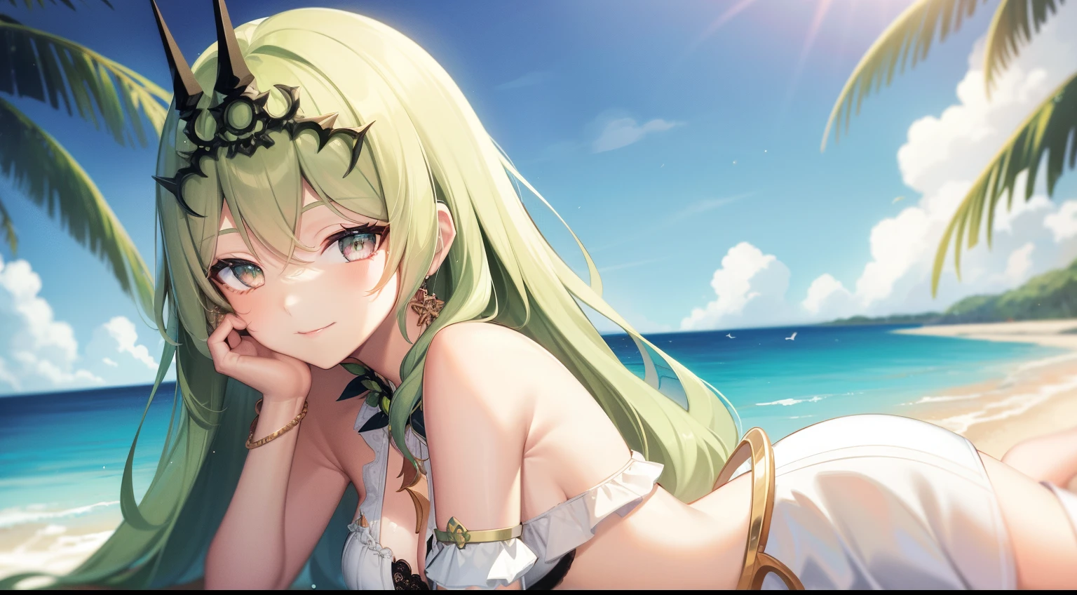 laying down, solo, 1girl, highres, green eyes, green hair, small breasts, looking at viewer, jewelry, crown, earring, lace, sundress, shawl, outdoor, beachside, seductive smile, beautiful, HD