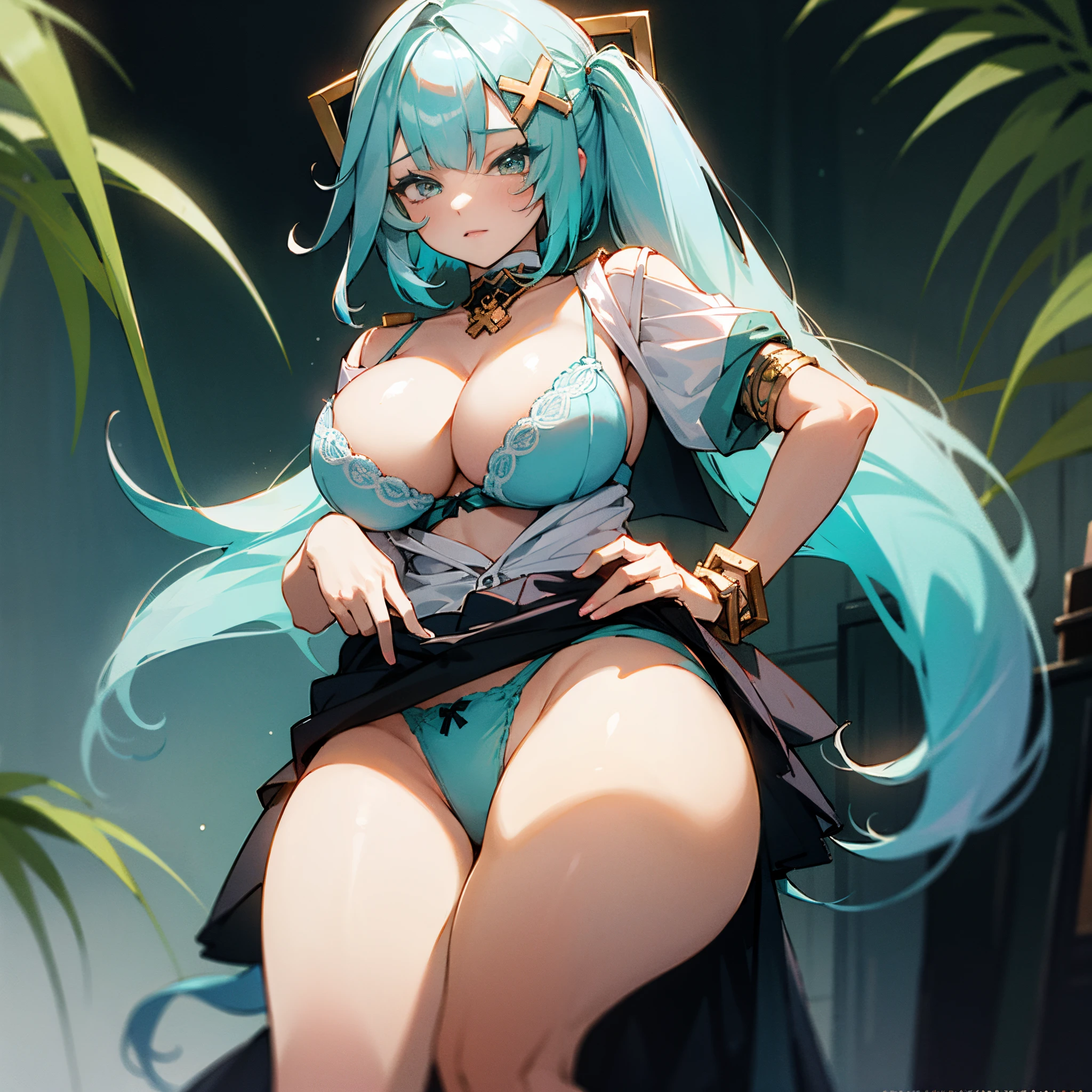 thicc,((underdressing,Wear bras and panties))) Mount Faro,long whitr hair,((Hair is turquoise gradient)),Multicolored eyes, Gradient eyes,hair adornments, dual horsetail, x hair ornamen, jewely, bangle, ((schools, Technical room, plant in the background)),the wallpaper, Colossal tits, high qulity, A high resolution,