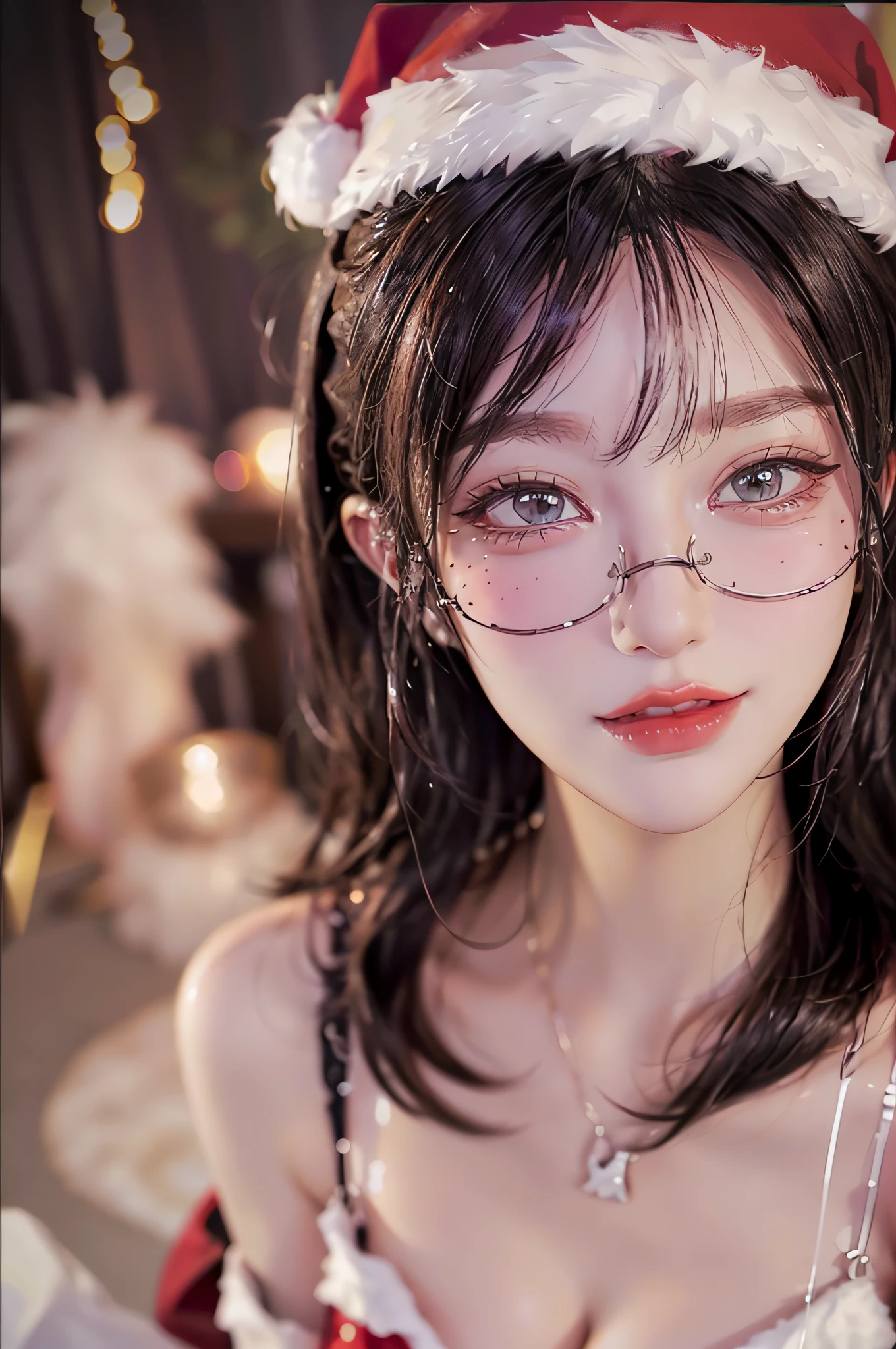(RAW photo, best quality), (realistic, photo-realistic:1.3), masterpiece, an extremely delicate and beautiful, extremely detailed, CG, unity , 2k wallpaper, Amazing, finely detail, extremely detailed CG unity 8k wallpaper, huge filesize, ultra-detailed, highres, absurdres, soft light,beautiful detailed girl, detailed fingers, extremely detailed eyes and face, beautiful detailed nose, beautiful detailed eyes, long eyelashes, light on face, extremely detailed,grinning, realistic anime, bare foots, bare legs, (((Christmas))), cleavage, wide hips, 20 year old woman, chrismas long dress, red dress, white fur, ((medium breasts)), close mouth, Aily, Aily, glasses, Aily, glasses, 1girl, solo, long hair, lips, jewelry, upper body, indoors, realistic, semi-rimless eyewear, bare shoulders, under-rim eyewear, christmas hat, christmas background,