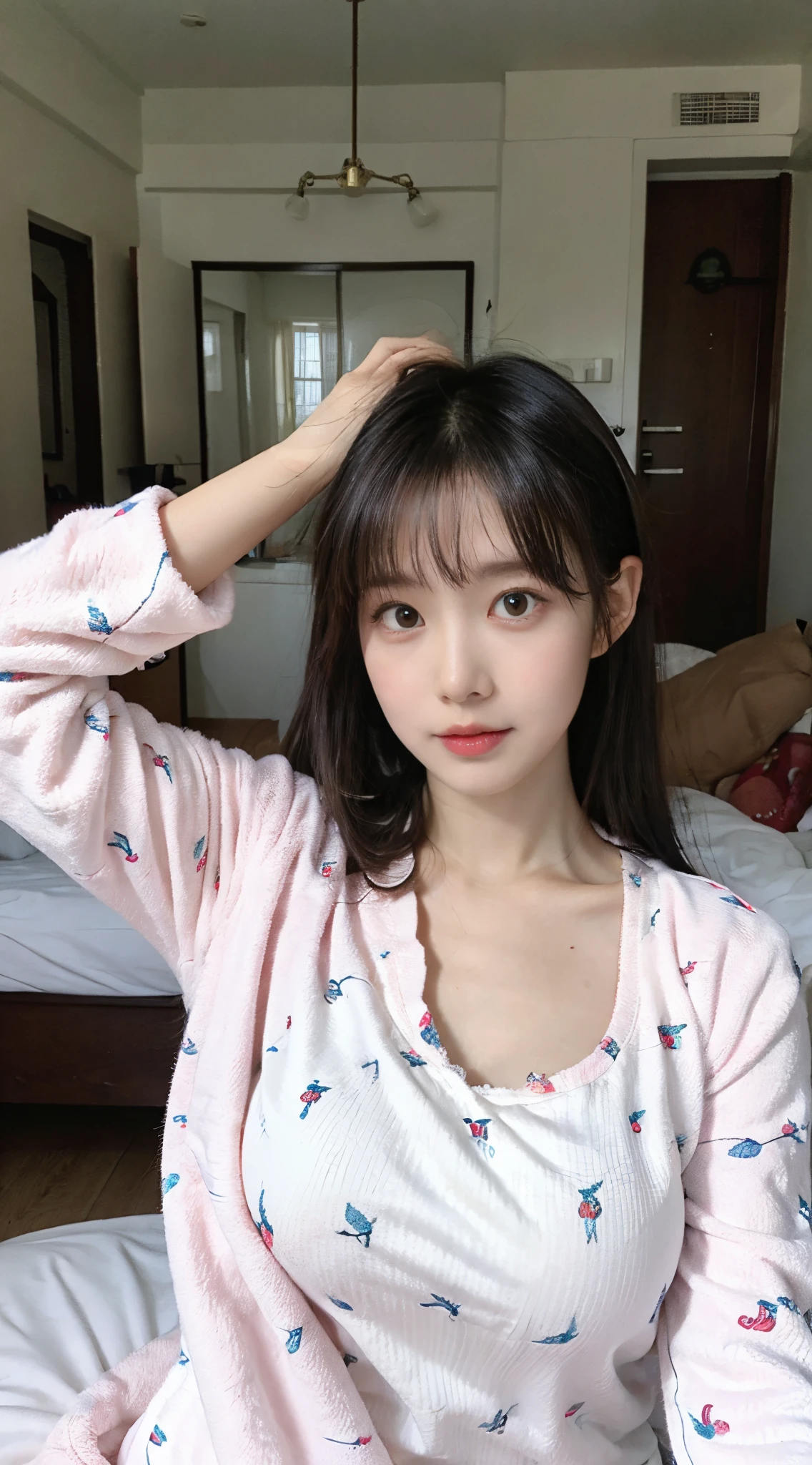 Lie down in bed,plain face,self-shot,in pajamas,Covered with a pink quilt,Haggard face,sick 1 busty girl, Cute face,Fleshy face,Beutiful women:1.3, (, Larger breasts), mediuml breasts),(((big and round eyes))),:1.1,A detailed eye, 二重まぶた