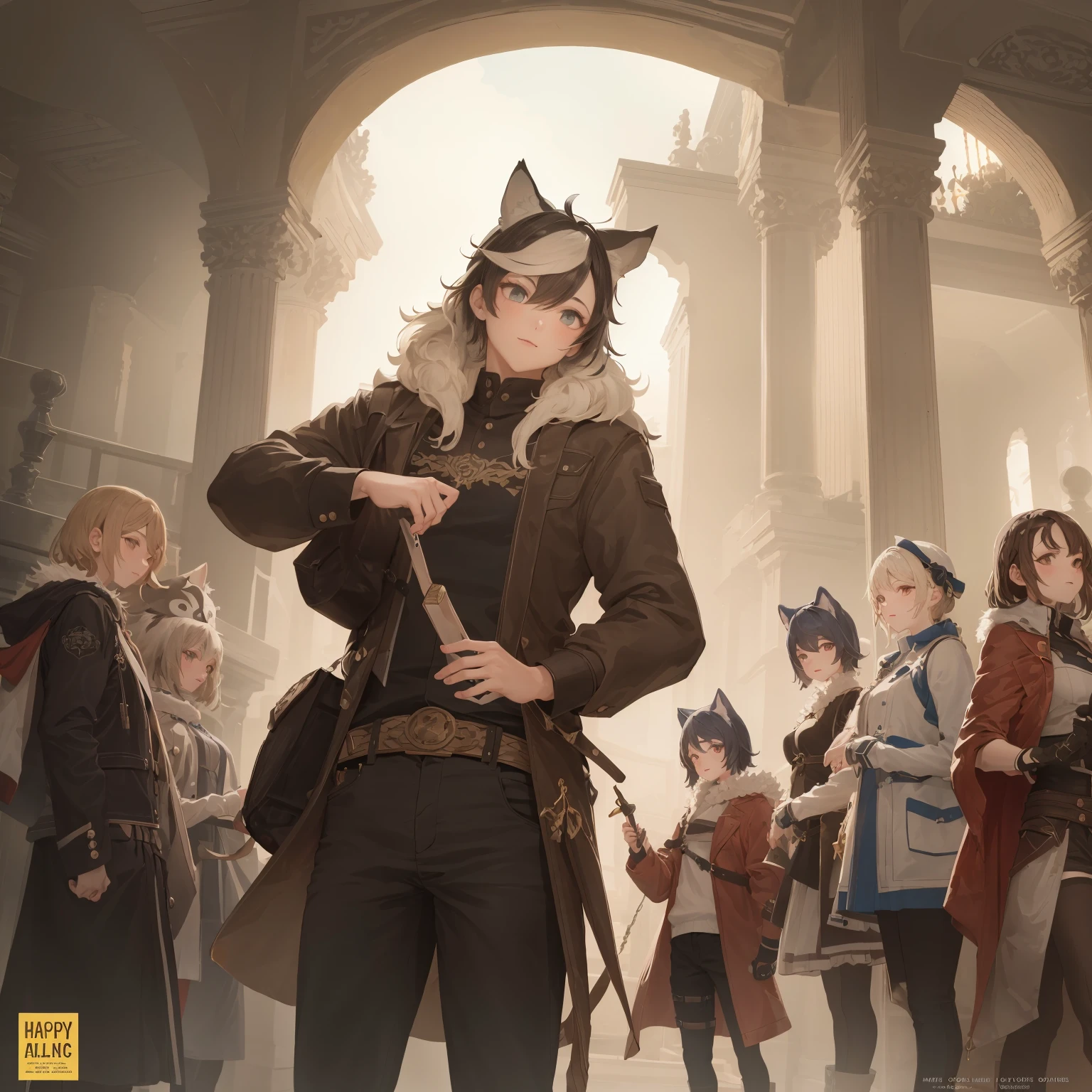 cover_page, highres, top quality, best quality, paid reward available, High-quality illustrations, unparalleled masterpiece, perfect artwork, absurdres, super high resolution, detailed background, Steam punk, Beautiful World Heritage, 6+boys, 6+girls, Happy, joyful(Photos of solo travelers)(kemono, furry anthro)cinematic lighting, dynamic angle,