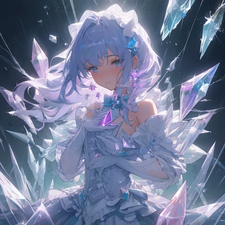 (((crystals texture Hair))),{{{{{extremely detailed CG}}}}},{{8k_wallpaper}},{{{{Crystalline purple gemstone gloves}}}},((beautiful detailed Glass hair)),((Glass shaped texture hand)),((Crystallize texture body)),Gem body,Hands as clear as jewels,Crystallization of clothes,((crystals texture skin)),sparkle, lens flare, light leaks, Broken glass,{{{{Detailed Glass shaped clothes}}}}, ((masterpiece)), (((best quality))), ((ultra-detailed)), ((illustration)), ((disheveled hair)), ((frills)), (1 girl), (solo), dynamic angle, big top sleeves, floating, beautiful detailed gemstone sky, gemstone sea, beautiful detailed eyes, overexposure, side blunt bangs, hairs between eyes, ribbons, bowties, buttons, bare shoulders, (((small breast))), pleated skirt, crystals texture flowers, ((Detailed crystallized clothing)),(gemstone of body),solo focus