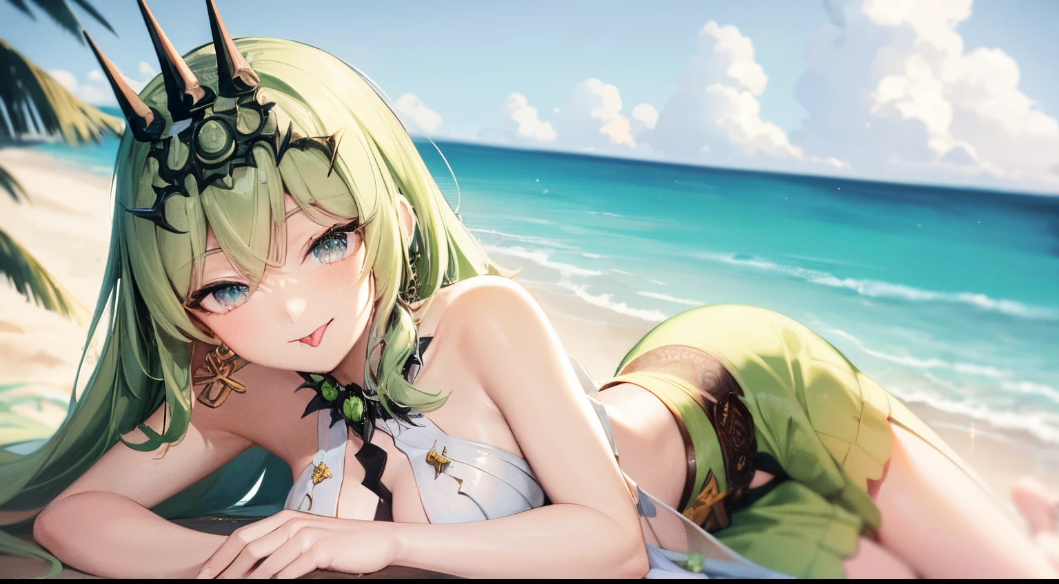 laying down, solo, 1girl, highres, green eyes, green hair, small breasts, looking at viewer, jewelry, crown, earring, lace, sundress, shawl, outdoor, beachside, seductive smile, beautiful, HD, tongue, tongue out