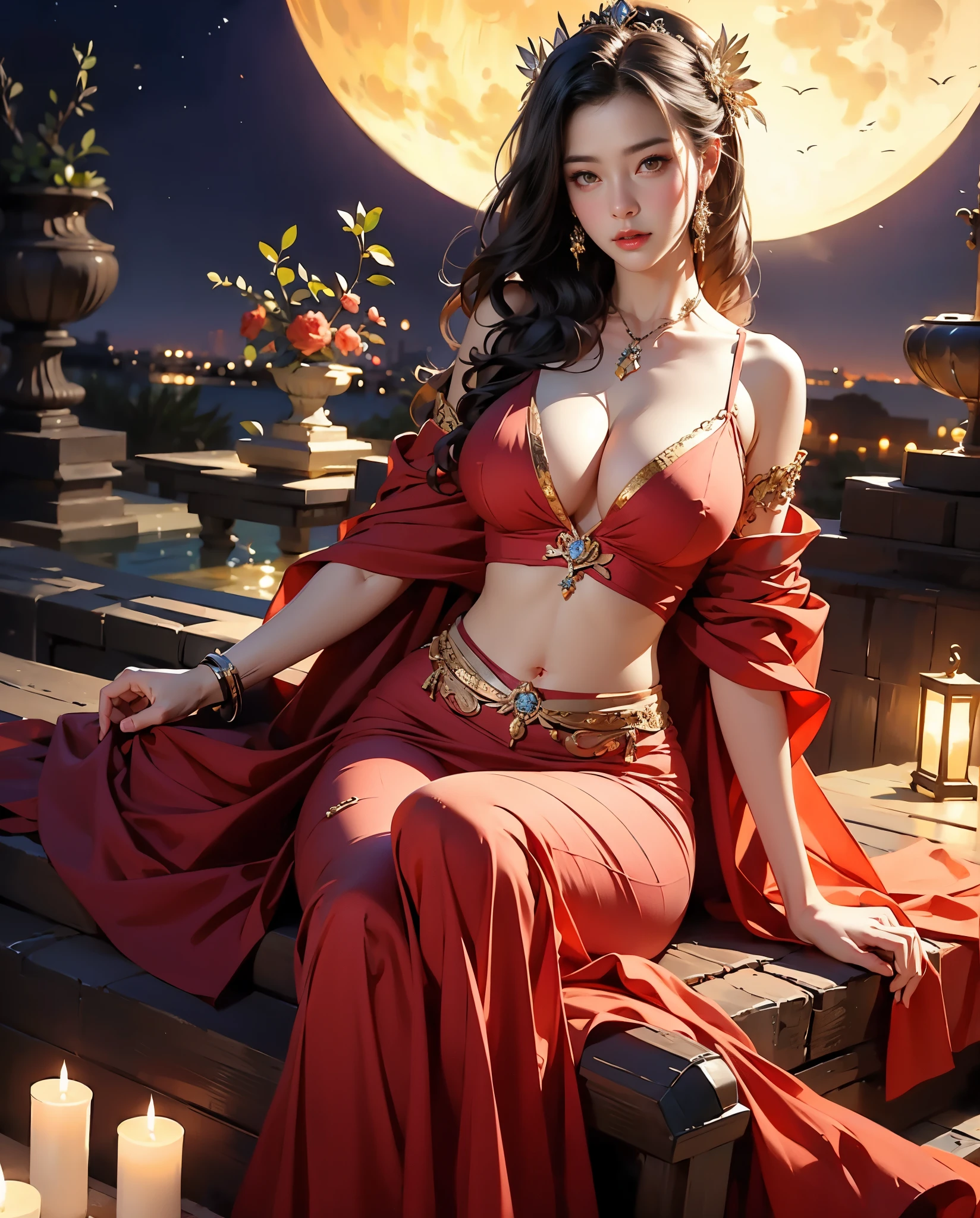 Best Quality, masutepiece, Attention to detail, Realistic, 1 girl, Under the moonlight、Hot beautiful princess sitting in heavenly garden, Big Breast, Big hips, Long leg, Sexy, Full body, Blissful