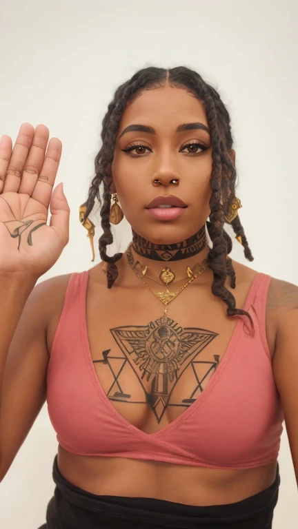 there is a woman with a tattoo on her chest and a hand, wears a egyptian ankh necklace, wearing shipibo tattoos, gold line tattoos, bralette, wears the ankh symbol, tattoos all over the skin, ink on skin, photo of a hand jewellery model, ankh symbol around the neck, by Jessie Alexandra