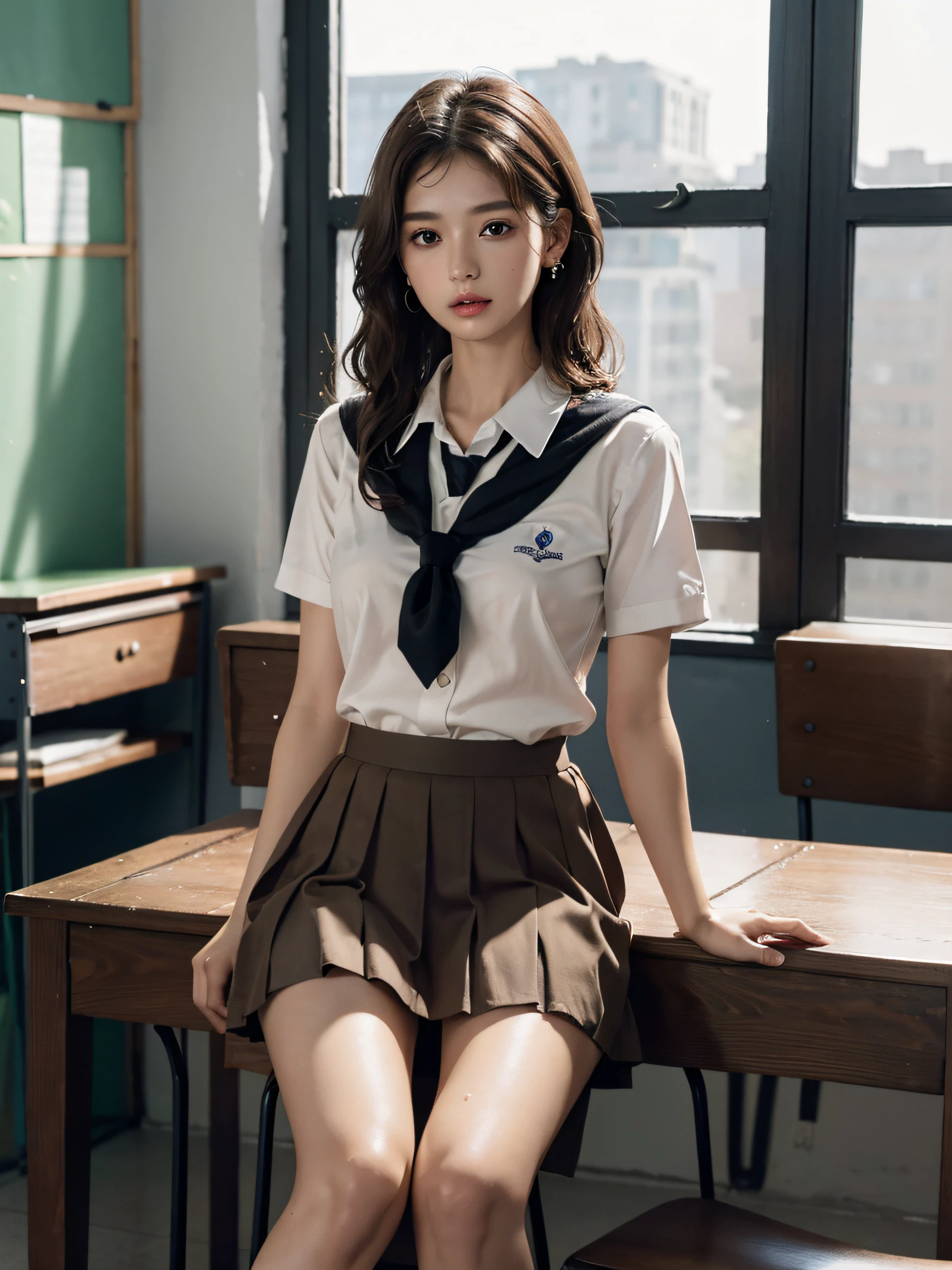 absurderes, Raw photo, Extremely delicate and beautiful, masutepiece, Best Quality, Ultra High Resolution, 16 K, hyper realisitic, Realistic, Photorealistic, Photorealsitic, Ultra-detailed, Perfect Anatomy, super detailed skin, Perfect figure, Very detailed CG 8k wallpaper, in her 20s, Very slim body, Narrow waist, Very small head, Very small face, Delicate facial features, tear moles, Earring, thin legs, (very massive round chest), (Full body shot:1.2), Short hair, (Wavy Hair), (light brown hair:1.2), (Wet clothes), (School uniform:1.3),