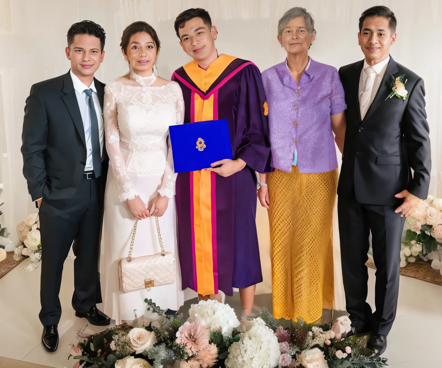 Four people standing together in front of a flower arrangement., graduation photo, photo taken in 2 0 2 0, color photo, scene, Wear a school uniform..., wedding photo, Available in many colors, make a promise, snapchat pictures, Colorful photos, master level, digital photograph, bridegroom, fix it, Color photos, Digitally painted, Post Processing), dress in purple