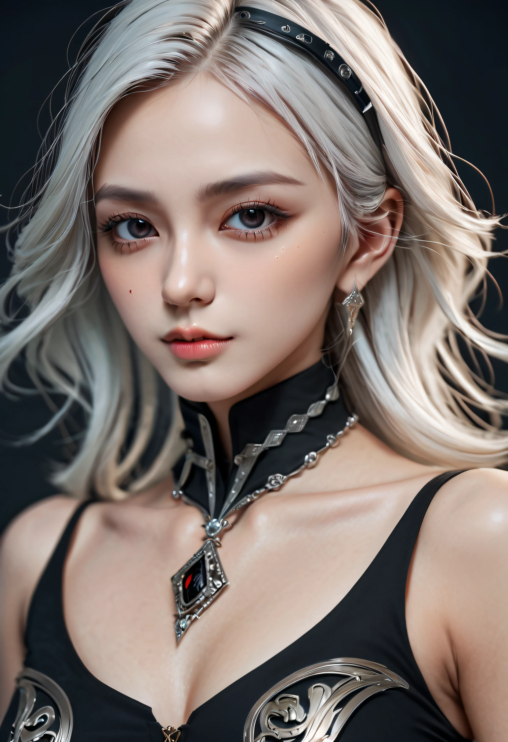 Portrait of a beautiful girl with wavy white hair, wearing a formal black dress with metal parts, red eyes, monograms in the background, digital painting, dark colors, 8k, complex details, vintage, retro futuristic style, sharp focus on the center, pastel colors, art station, (sci-fi, future, future theme), (facial expression looking with disdain), (detailed illustration)