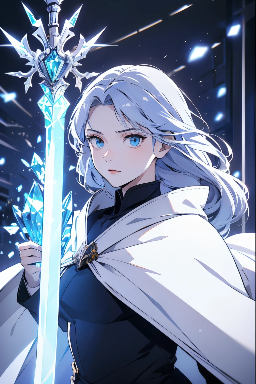 a woman, young, 19 years old, swordsman, long white hair, skin as white as snow, cold gaze, blue eyes like crystal, black clothes, white robe, cape, holding a crystal sword, background with blue lights.