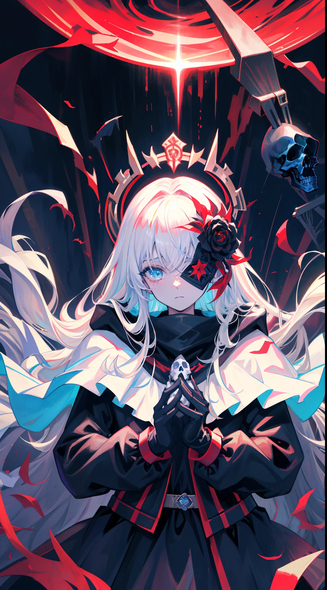 （tmasterpiece，best qualtiy）， 独奏，A white-haired woman holds a candle，anime skull portrait woman,beautiful necromancer girl，beautiful girl necromancer，，Smoky, Flowing white hair，Harsh eyes，paleskin，black eyeshadows，Black blood and tears，Two fangs，Gothic shoujo anime characters，beautiful necromancer，gothic fantasy art，dark fantasy style art, White-haired god,Retrato de um necromante feminino，necromante feminino，goddess of death，dark moody lighting，with light glowing，mistic，magical，edge lit