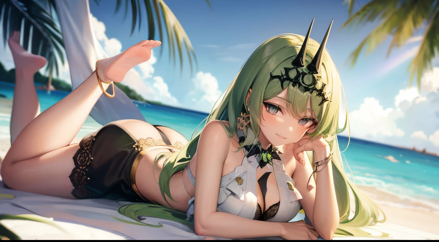 laying down, solo, 1girl, highres, green eyes, green hair, small breasts, looking at viewer, jewelry, crown, earring, lace, sundress, shawl, outdoor, beachside, seductive smile, beautiful, HD