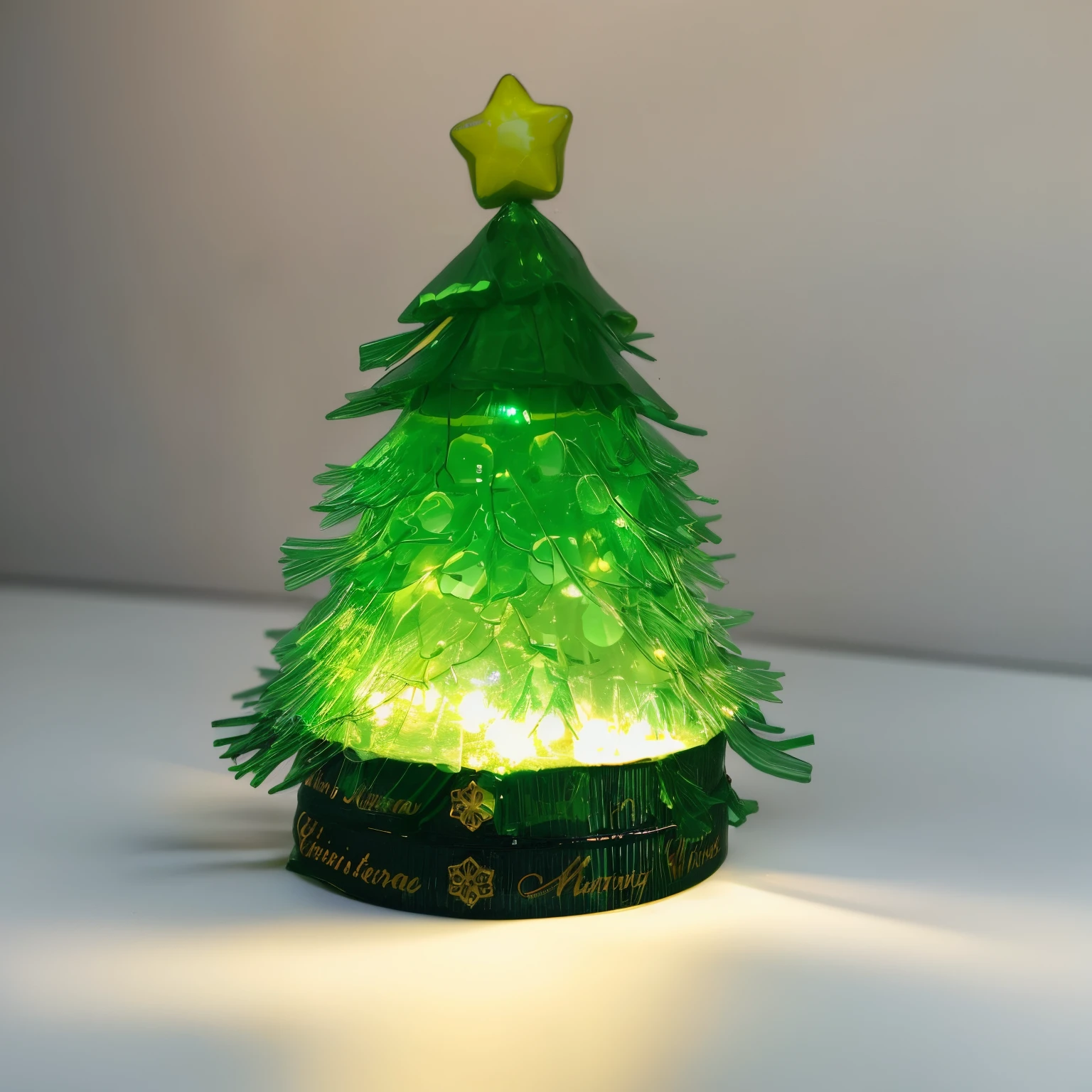 There is a green Christmas tree，There is a star on it, Christmas tree, Made of transparent plastic, made out of plastic, made of glowing wax and ceramic, emitting light ornaments, miniature product photo, There is a tree in the background, trees in background, festive, It's set with sparkling gemstones, light lighting side view, Turn on the lights, light cone，The Christmas tree is decorated with some small white pearls