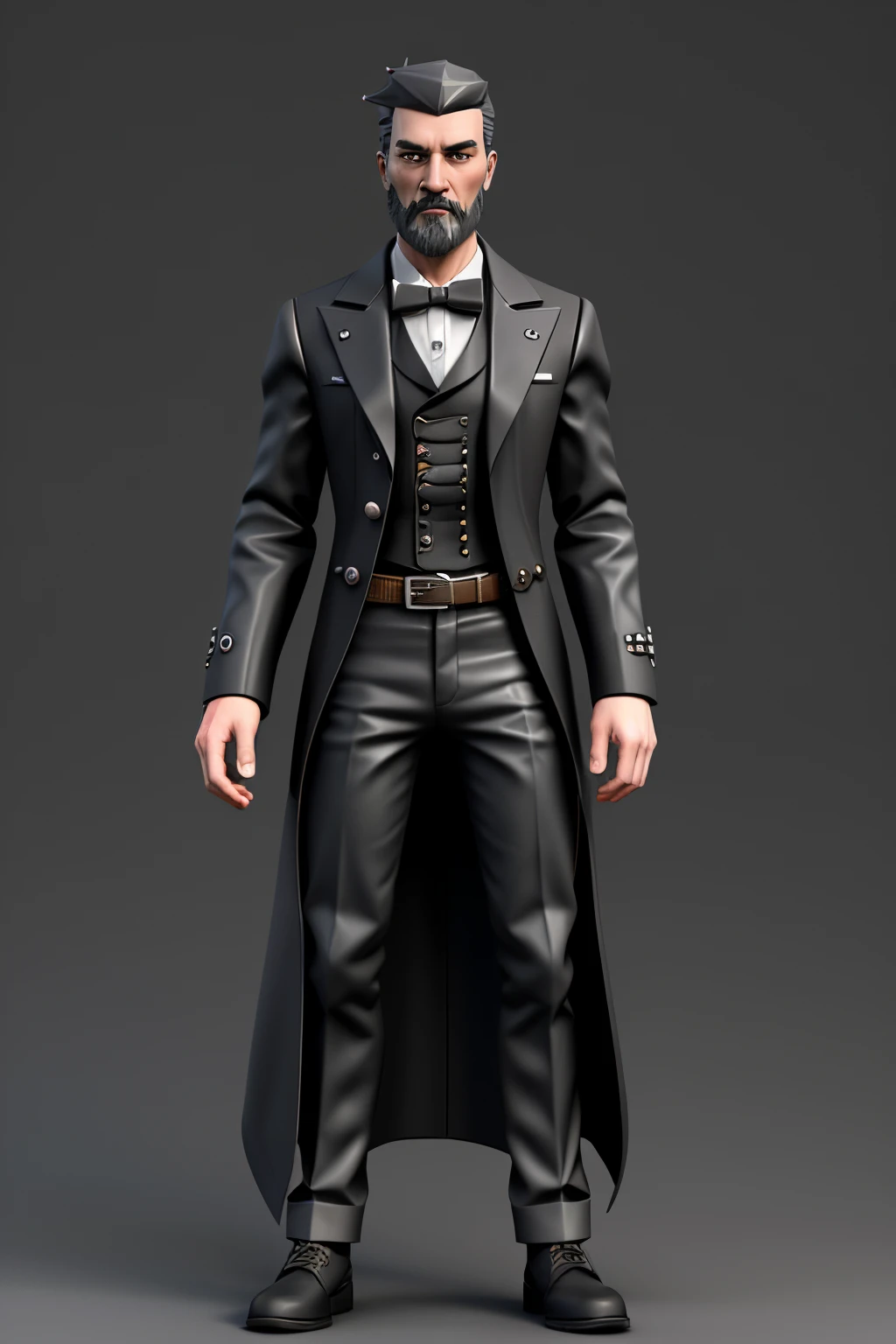 full profile of character of a black and grey haired man, highly detailed character, Stylized palette, 3 d render stylized, character render, stylized 3d render, stylized as a 3d render, low poly character, steampunk Victorian style character, stylized character, Anime Stylization, Male protagonist, black and grey beard, tall and thin, long coat, full bofy image