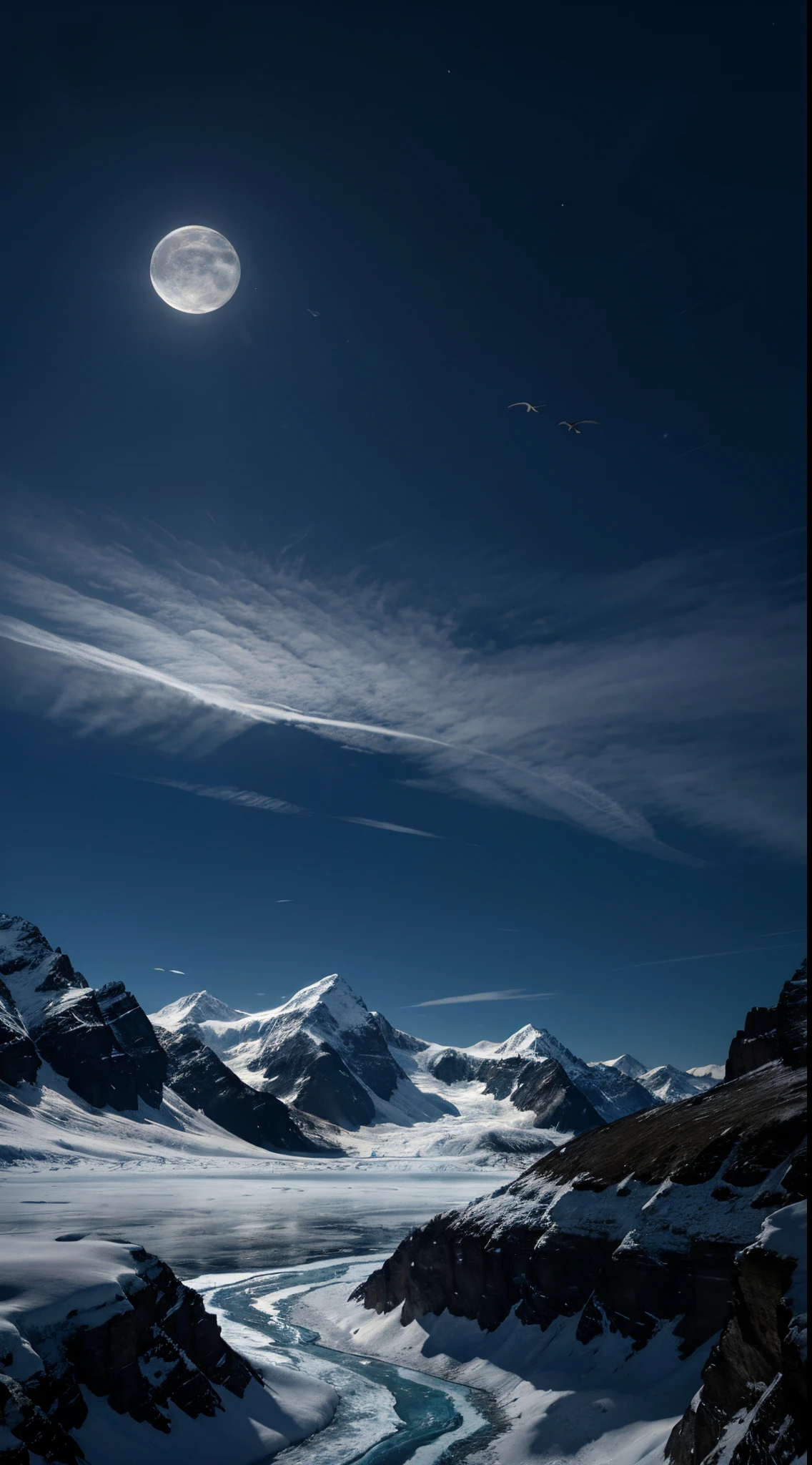 Wallpaper reality, glacier hyper realistic ultra quality, moonlight hyperrealistic attractive ultra quality, sky in Birds hyper realistic ultra quality, weather moonlight