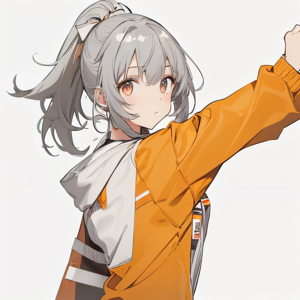 【Highest Quality, masutepiece】 [girl, Manteau, expressioness,deep orange eyes, front facing,dark brown hair,long ponytail hair Happy, Upper body] (Gray white background:1.5),