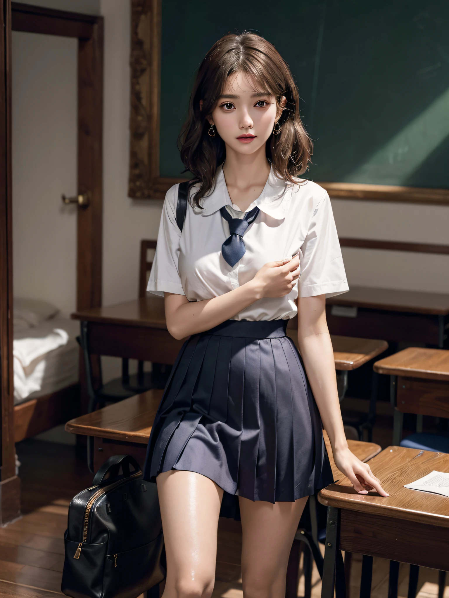 absurderes, Raw photo, Extremely delicate and beautiful, masutepiece, Best Quality, Ultra High Resolution, 16 K, hyper realisitic, Realistic, Photorealistic, Photorealsitic, Ultra-detailed, Perfect Anatomy, super detailed skin, Perfect figure, Very detailed CG 8k wallpaper, in her 20s, Very slim body, Narrow waist, Very small head, Very small face, Delicate facial features, tear moles, Earring, thin legs, (very massive round chest), (Full body shot), (2 Girl), Short hair, (Wavy Hair), (light brown hair), (Wet clothes), (School uniform:1.3),