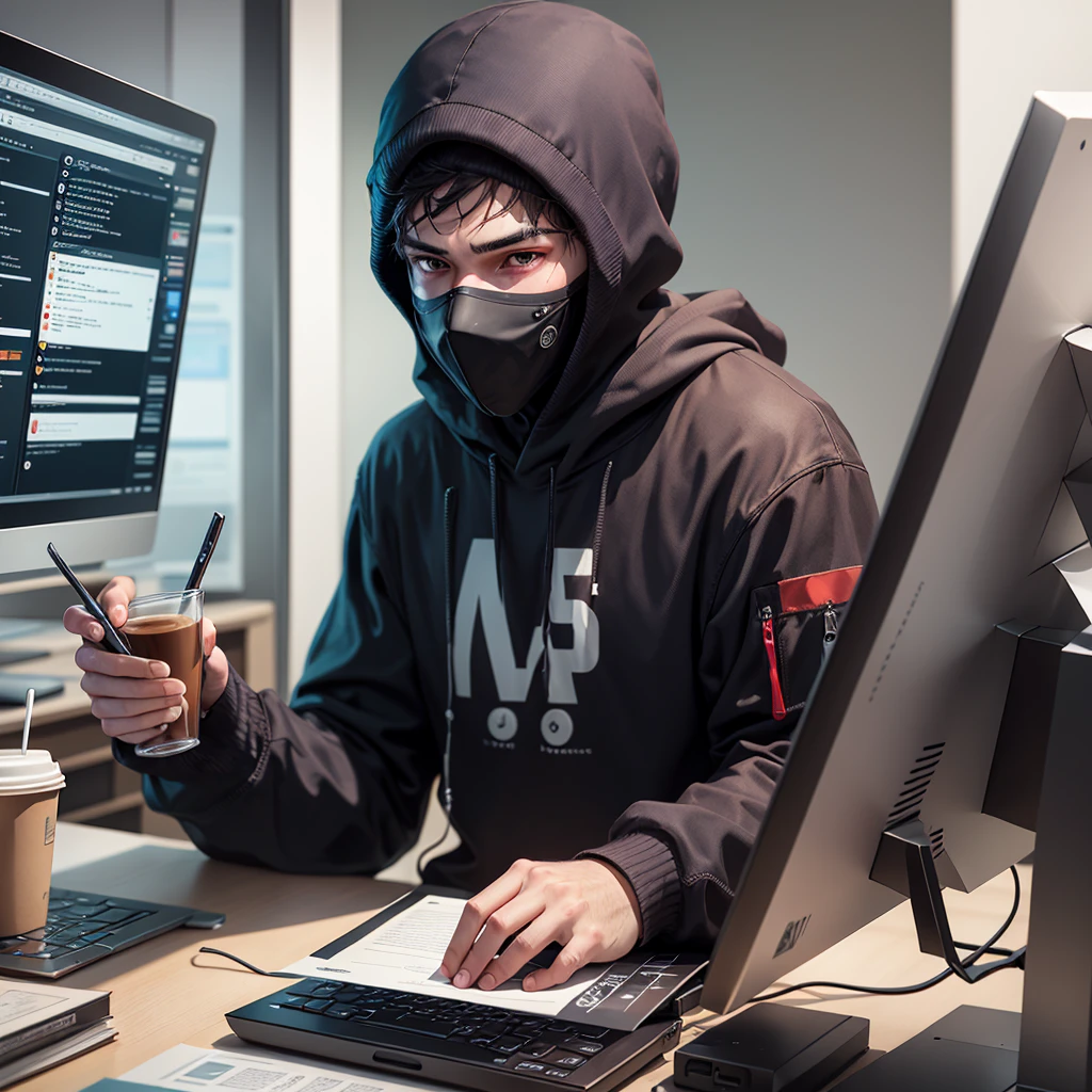 A computer hacker with mask on his face working on his laptop having a cup of coffee