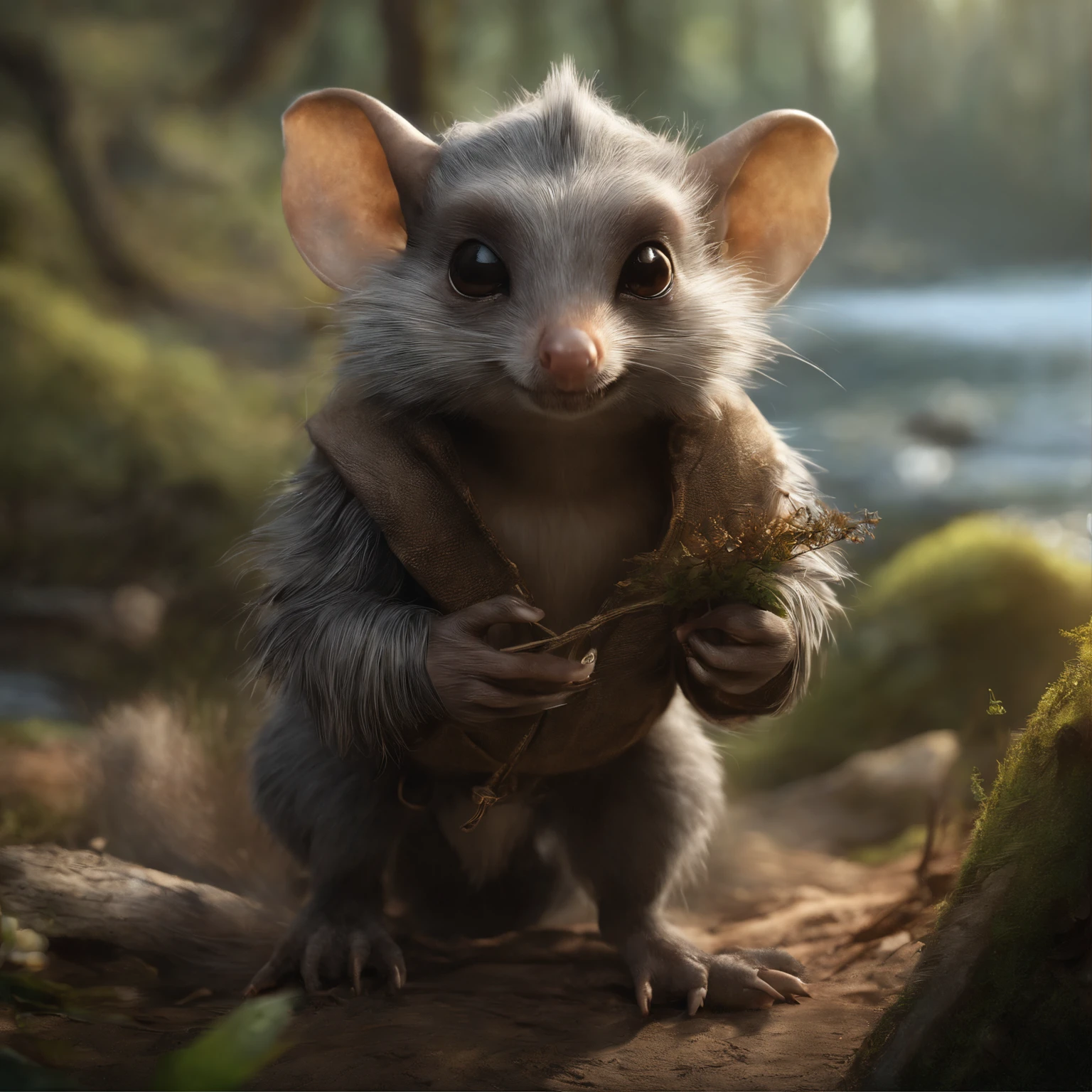 (CBZBB:1.25), ((gremlin),Zhkute, Small, baby, Beautiful, Fantasy art, deviant art, trending artstation, Digital Art, Detailed, Realistic, humanoid, character, tiny, Cinematic shot, cinematic portrait of a mole ,gremlin, mole-like, bright silver and brown, long tail, large ears, covered with silver fur, water, walks along the shore, Best Quality, Masterpiece, in style of dark fantasy art, gremlin, mole-like, bright silver and brown, long tail, double nose, huge ears, covered with silver fur,tousled, five toes on each paw, holding a huge glowing acorn in his paws, I'm standing in a forest clearing under the foliage of bast., acorns lie in the clearing, acorns glow, Crickets fly, Best Quality, Masterpiece, in style of dark fantasy art, fantasy-inspired, in the style of John Tolkien,