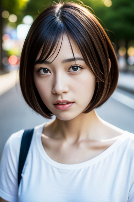 (RAW photo, best quality), (realistic, photo-realistic:1.2), Photorealistic full body portrait, 1 chinese girl,detailed sky, tokyo street, detailed eyes, shiny eyes, looking at viewer, (casual wear:1.2), white shirt, short hair, floating hair, light brown skin, with shoes, careful with eyes, white background, 8k high quality medium dark lighting, high details