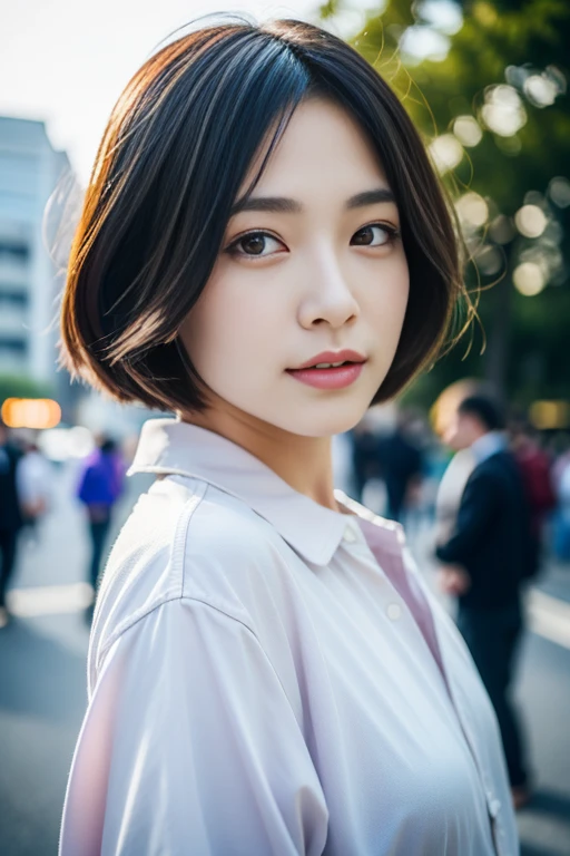 (RAW photo, best quality), (realistic, photo-realistic:1.2), Photorealistic full body portrait, 1 chinese girl,detailed sky, tokyo street, detailed eyes, shiny eyes, looking at viewer, (casual wear:1.2), white shirt, short hair, floating hair, light brown skin, with shoes, careful with eyes, white background, 8k high quality medium dark lighting, high details
