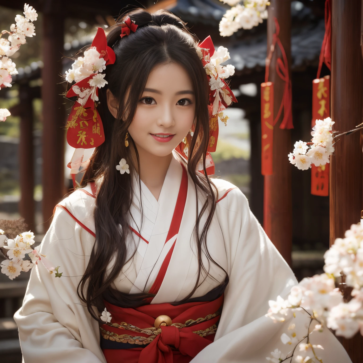((top-quality、masutepiece、8K、Top image quality))、beautiful shrine maiden、((shrine maiden'S white coat、Chihaya the Shrine Maiden、shrine maiden'red hakama、perfect authentic shrine maiden costume))、(A photo of one woman's upper body:1.3)、View me、Biggest smile、The background is a majestic and luxurious shrine、A majestic and luxurious exterior that looks like a real shrine、A luxurious authentic shrine using Niwa lacquerware