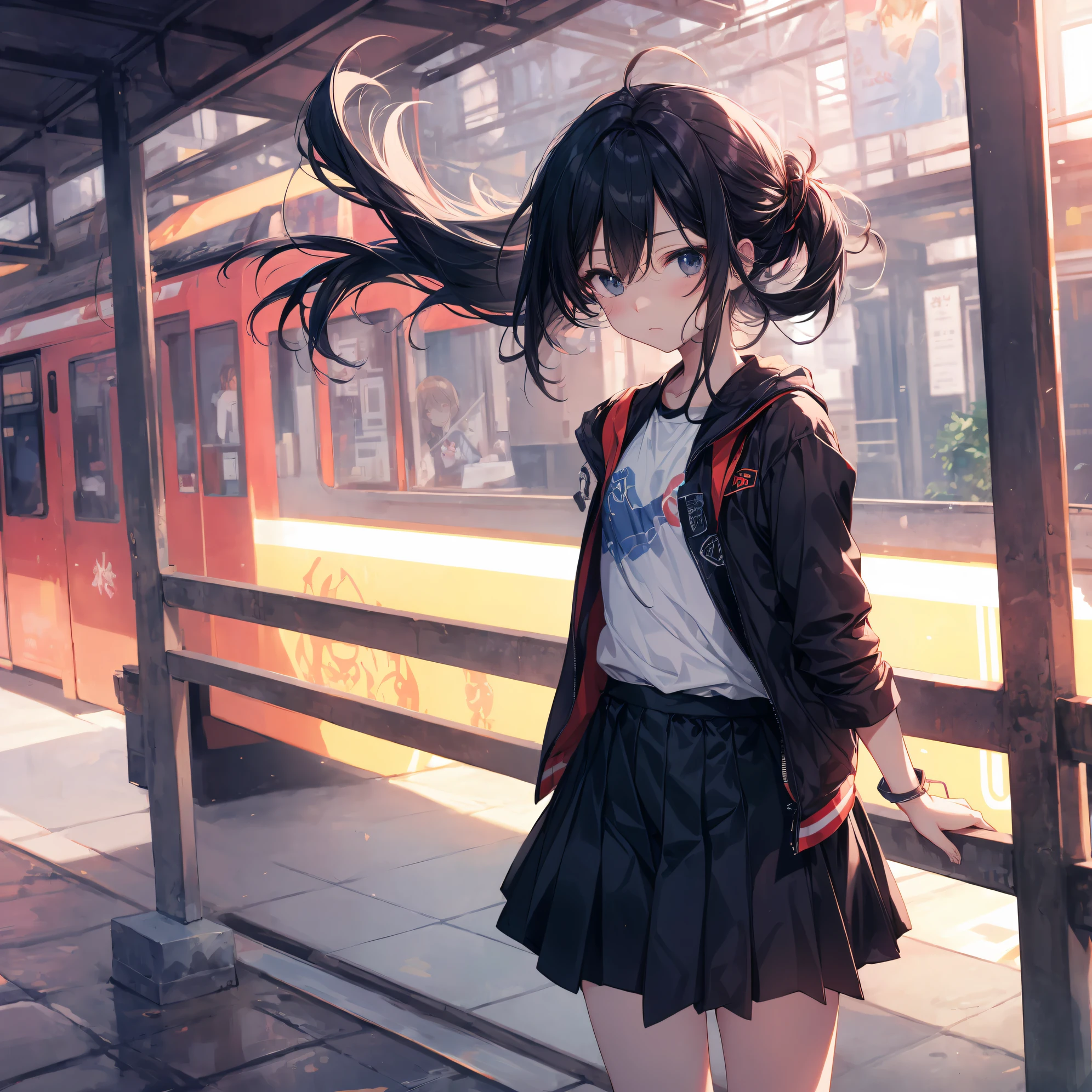 of the highest quality, Ultra-detailed, anime moe art style,Best Anime 8K Konachan Wallpapers,Pixiv Contest Winner,Perfect Anatomy, (Draw a girl sleepily walking to school. ),BREAK, 1girl in, (Solo,Lori,,13yea:1.3),a junior gynous attraction, (Very short hair),hair messy, Center Part, Forehead, Full limbs, complete fingers,flat chest, Small butt, groin, Small eyes,Precise black eyes,disgusted eye, School uniform, Skirt,On the way to school. BREAK,High resolution,super detailed skin, Professional Lighting, 8k eye details,(cool illustration:1.2),