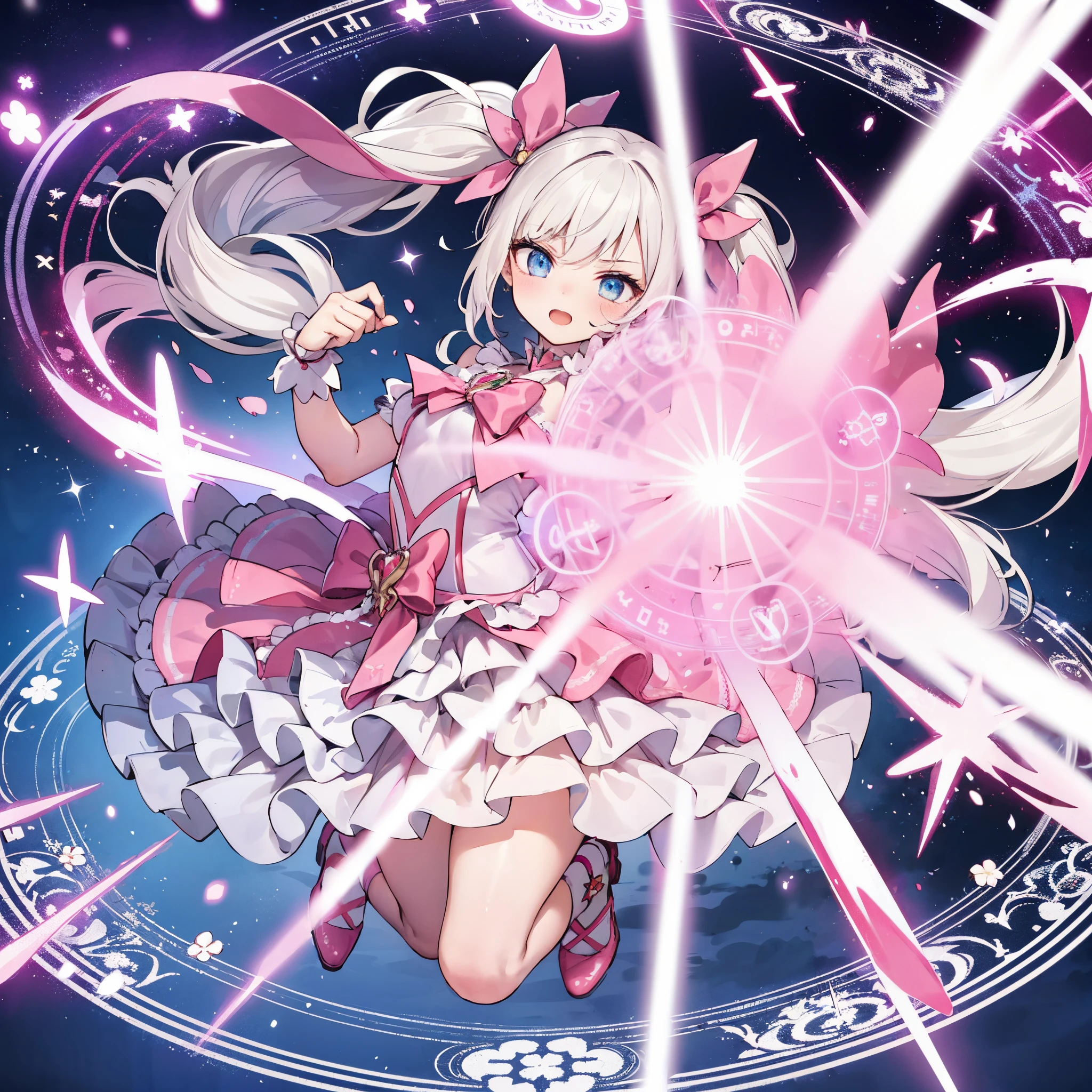(masterpiece), best quality, expressive eyes, perfect face, 1girl, solo, a magical girl with pink outfit in a magic fighting,ribbons, frills, twintails, long hair,white hair, hand to front, hand to viewer, hand open,(((a magic circle in front))), shooting a beam from her hands, magic power,full body