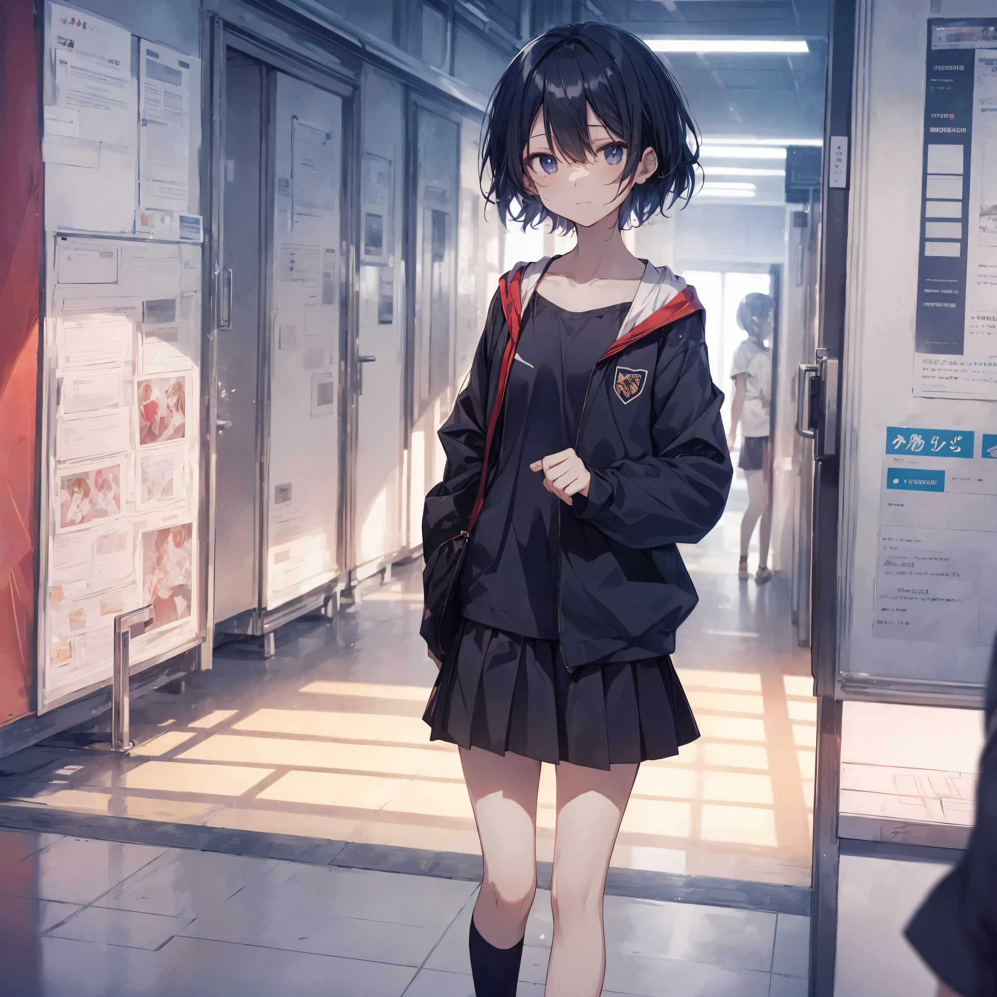 of the highest quality, Ultra-detailed, anime moe art style,Best Anime 8K Konachan Wallpapers,Pixiv Contest Winner,Perfect Anatomy, (Draw a girl sleepily walking to school. ),BREAK, 1girl in, (Solo,Lori,child,13years:1.3),a junior high school student, Androgynous attraction, (Very short hair),hair messy, Center Part, Forehead, Full limbs, complete fingers,flat chest, Small butt, groin, Small eyes,Precise black eyes,disgusted eye, School uniform, Skirt,On the way to school. BREAK,High resolution,super detailed skin, Professional Lighting, 8k eye details,(cool illustration:1.2),