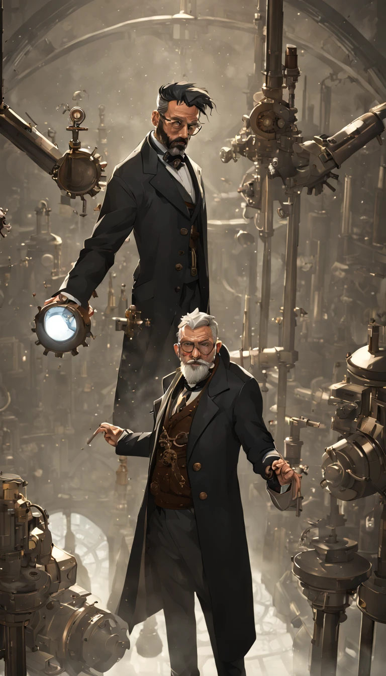 Cinematic scene, hero view, a steampunk scientist experimenting with advanced technology in a lab, action pose, detailed background, masterpiece, Victorian gentleman, black and grey beard, black suit, long coat, best quality, low poly quality, steampunk