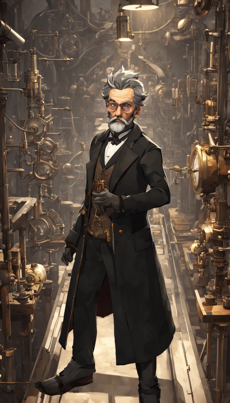 Cinematic scene, hero view, a steampunk scientist experimenting with advanced technology in a lab, action pose, detailed background, masterpiece, Victorian gentleman, black and grey beard, black suit, long coat, best quality, low poly quality, steampunk