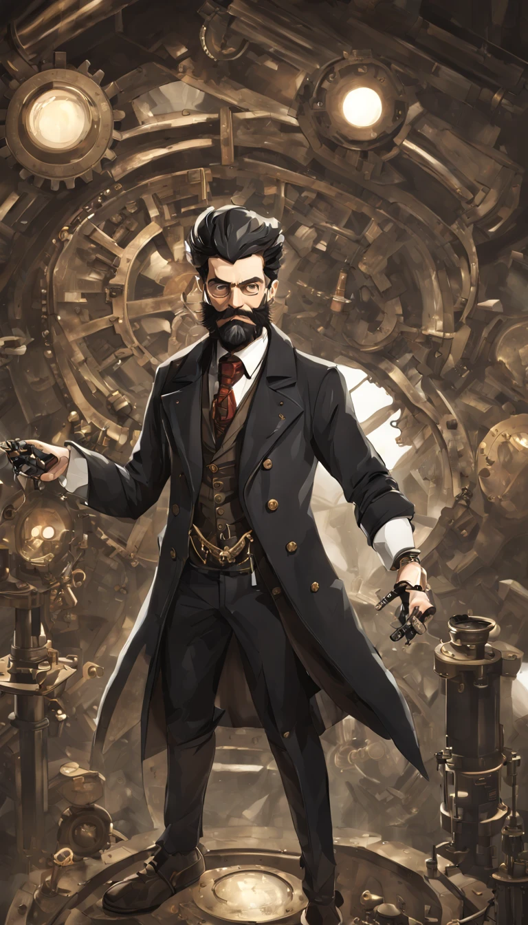 Cinematic scene, hero view, a steampunk scientist experimenting with advanced technology in a lab, action pose, detailed background, masterpiece, Victorian gentleman, black and grey beard, black suit, long coat, best quality, low poly quality, steampunk