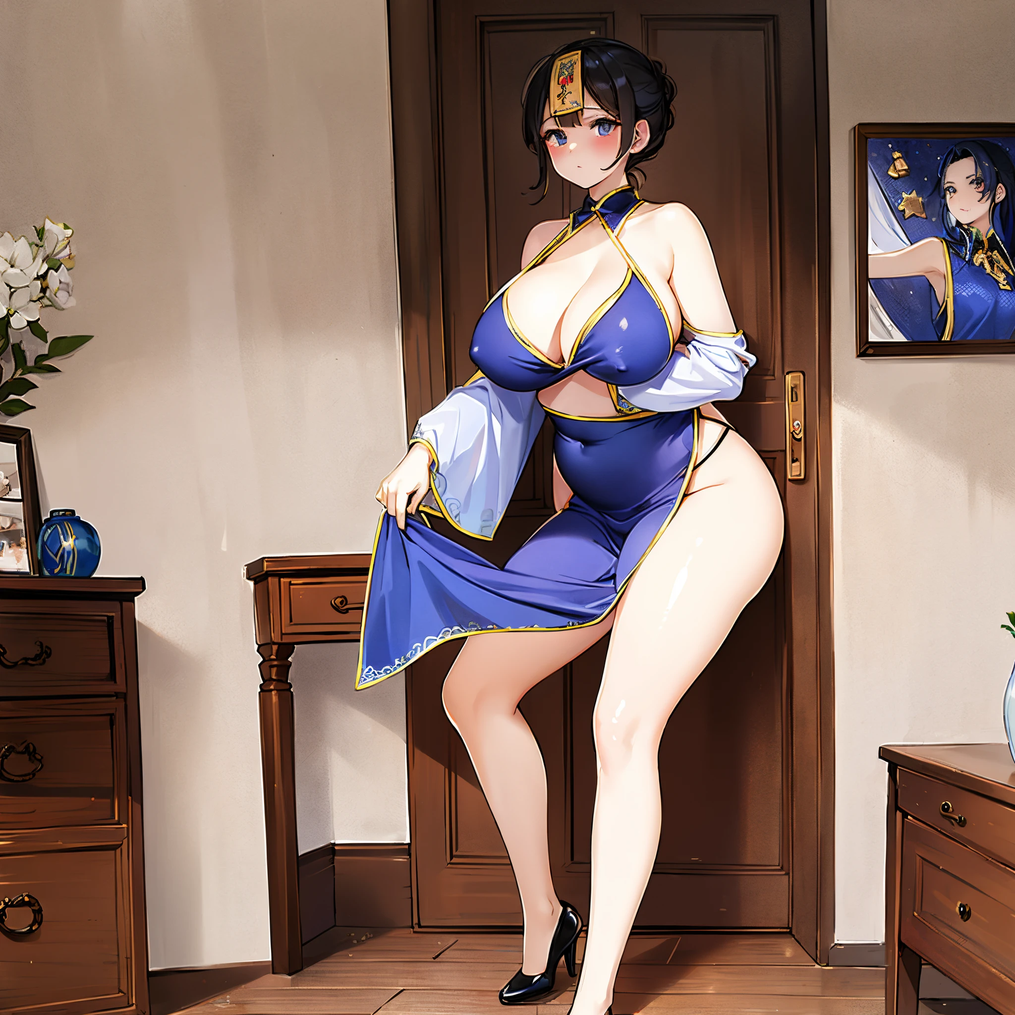 (8K, Best quality, tmasterpiece:1.2),\(Eyes detailed\),\(facial feature\),(\(Clothes detail details\)\),Full body lesbian,(surface focus) ,Very detailed CG unified 8k wallpaper,hugefilesize,ultra - detailed,A high resolution,Huang Li,beautidful eyes,Ray traching,dramatic shadow,Detailed pubic hair,dramatic angles,hyper-detailing,(1 girl:1.3),(Alone),Mature woman,Plump body,black hair color hair,with long coiled hair,(pale-skinned:1.4),Huge cleavage,little belly,The butt is round and big,crotch,Thigh thick,Cosplay costume Chinese amulet on forehead,Chinese zombie costumes,high-heels,. There is a door to purgatory in the background,Fantasy Background