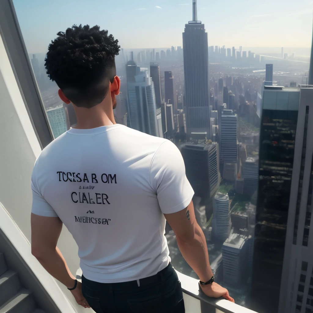A person standing on a skyscraper viewing the city and on his back of the shirt written HASAN