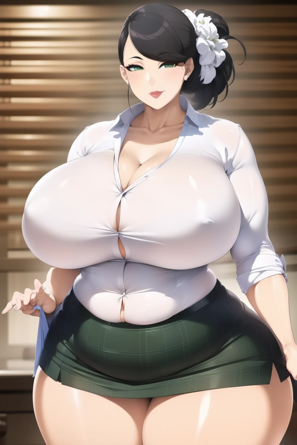Best Quality, Solo, huge-breasted, gargantuan butt, very curvy, Tanned skin, Stylized high ponytail, Green eyes on pears, Full lips, Seductive, sly smile, Exposed white button-up, Loosen your tie, Pair Green Plaid Skirt, Hair ribbons, thick thighs, Curvaceous physique