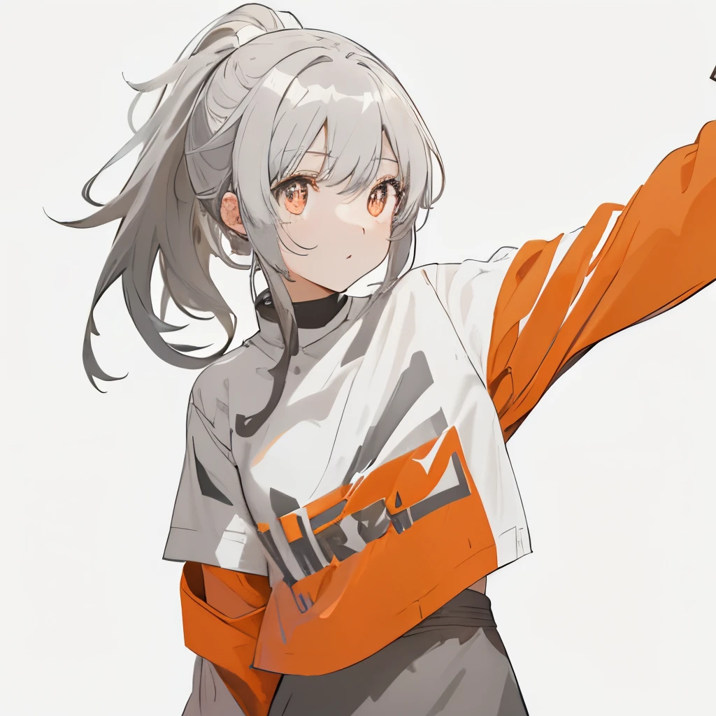 【Highest Quality, masutepiece】 [girl, Manteau, expressioness,deep orange eyes, front facing,dark brown hair,long ponytail hair Happy, Upper body] (Gray white background:1.5),