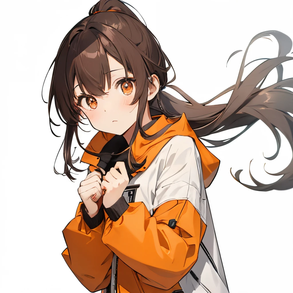 【Highest Quality, masutepiece】 [girl, Manteau, expressioness,deep orange eyes, front facing,dark brown hair,long ponytail hair Happy, Upper body] (Gray white background:1.2),