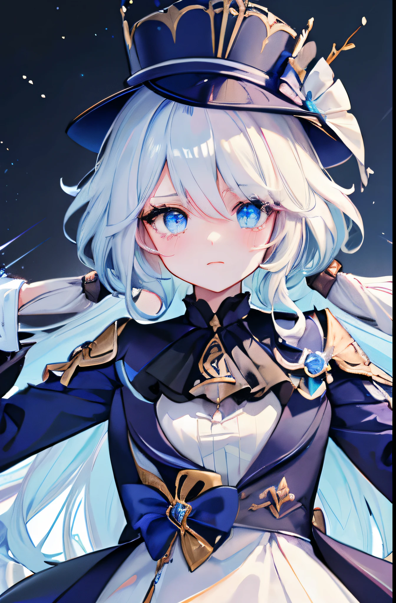 1 busty girl, Forina \(genshin impact\), Heterochromia, Top hat, blue jacket, shorter pants, thigh band, Waist shawl, looking at viewert, Glaring, The face is red, tear drops, lie, sheets, Raise Hand,(Worst quality:1.4, low quality:1.4), (Bad anatomy), (inaccurate limb:1.2),bad composition, inaccurate eyes, extra numbers,fewer digits,(extra weapons:1.2), badhandv4