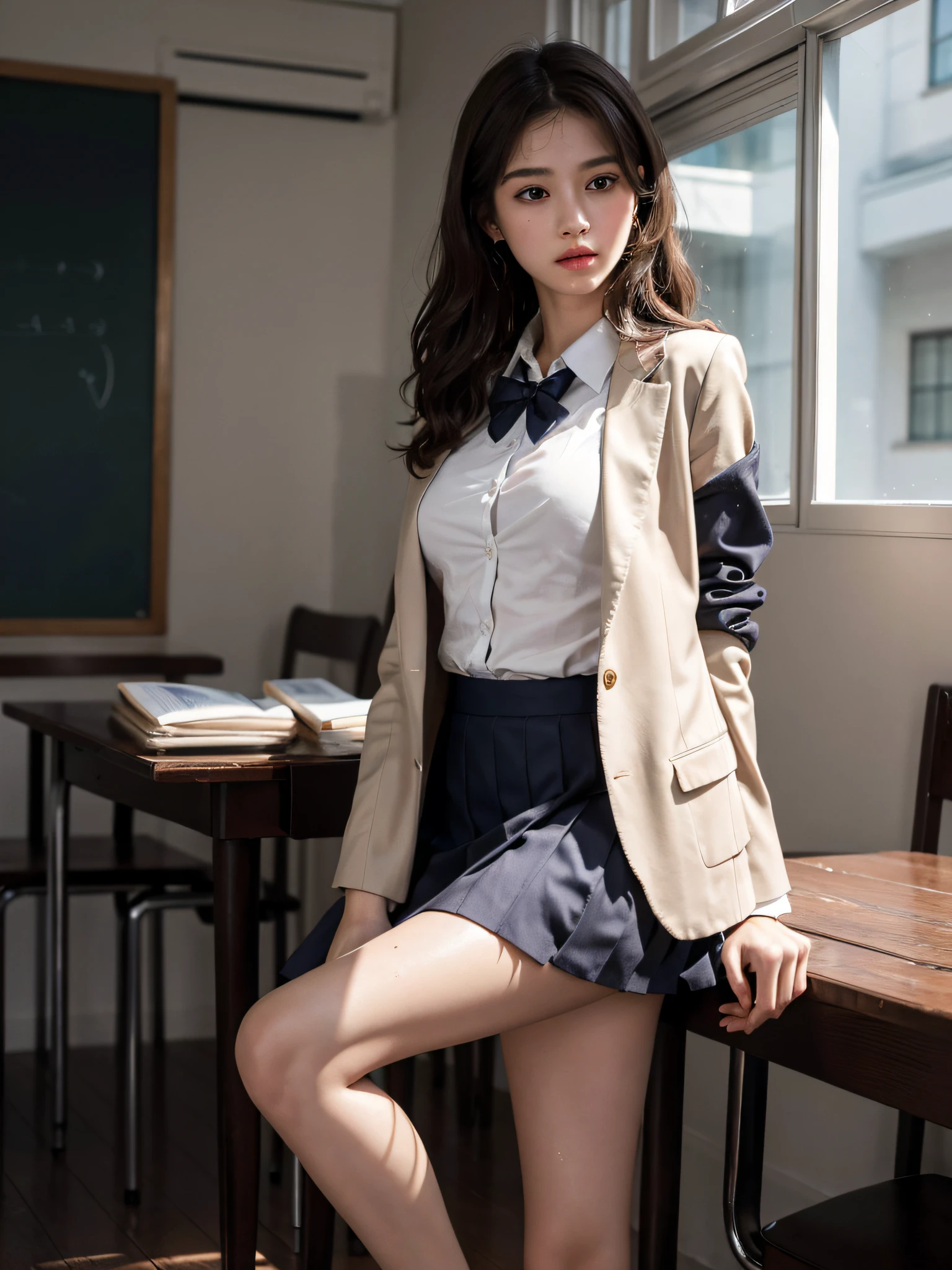 absurderes, Raw photo, Extremely delicate and beautiful, masutepiece, Best Quality, Ultra High Resolution, 16 K, hyper realisitic, Realistic, Photorealistic, Photorealsitic, Ultra-detailed, Perfect Anatomy, super detailed skin, Perfect figure, Very detailed CG 8k wallpaper, in her 20s, Very slim body, Narrow waist, Very small head, Very small face, Delicate facial features, tear moles, Earring, thin legs, (very massive round chest), (Full body shot:1.2), (2 Girl), Short hair, (Wavy Hair), (light brown hair), (Wet clothes), (School uniform:1.2), (Blazer),