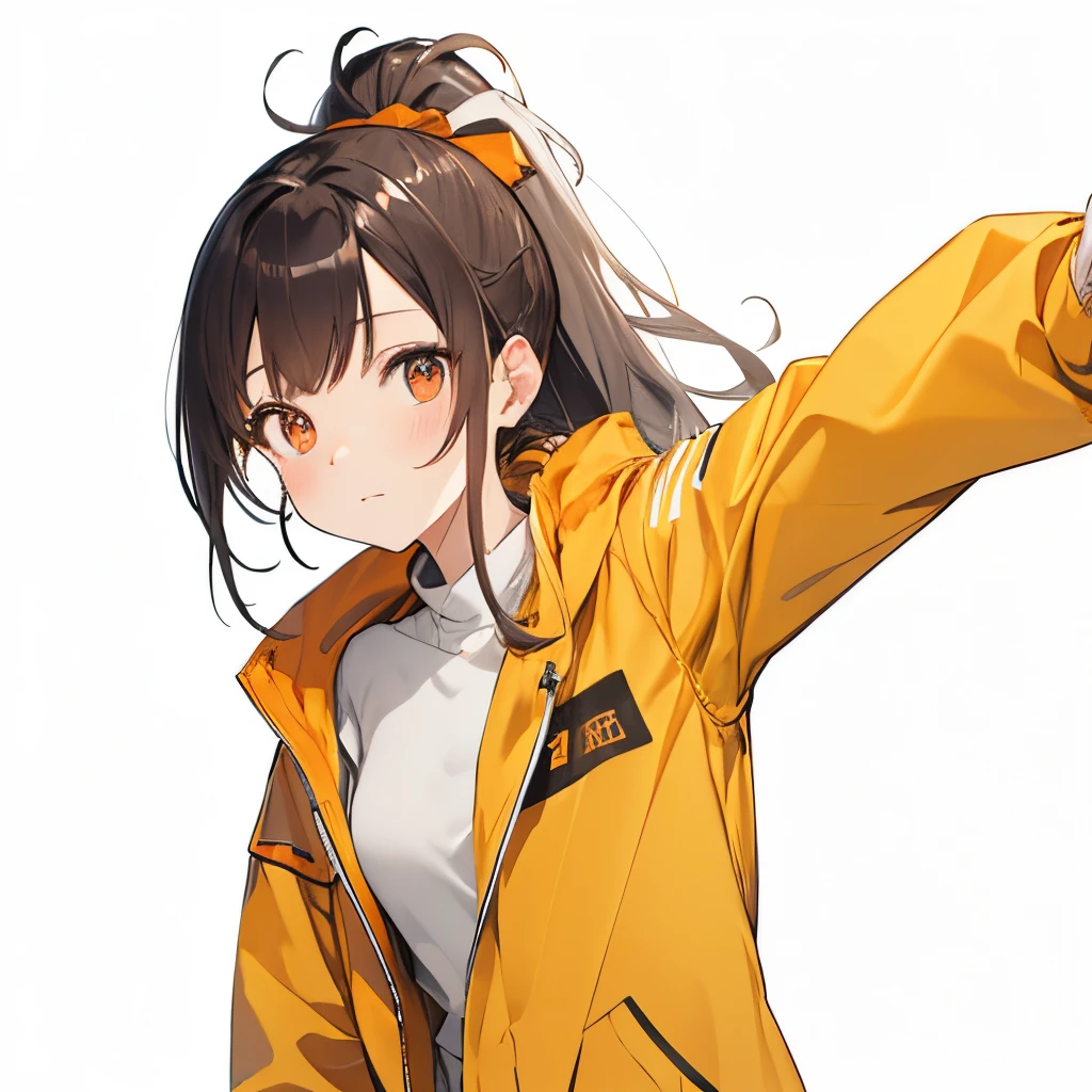 【Highest Quality, masutepiece】 [girl, Manteau, expressioness,deep orange eyes, front facing,dark brown hair,long ponytail hair Happy, Upper body] (Gray white background:1.2),