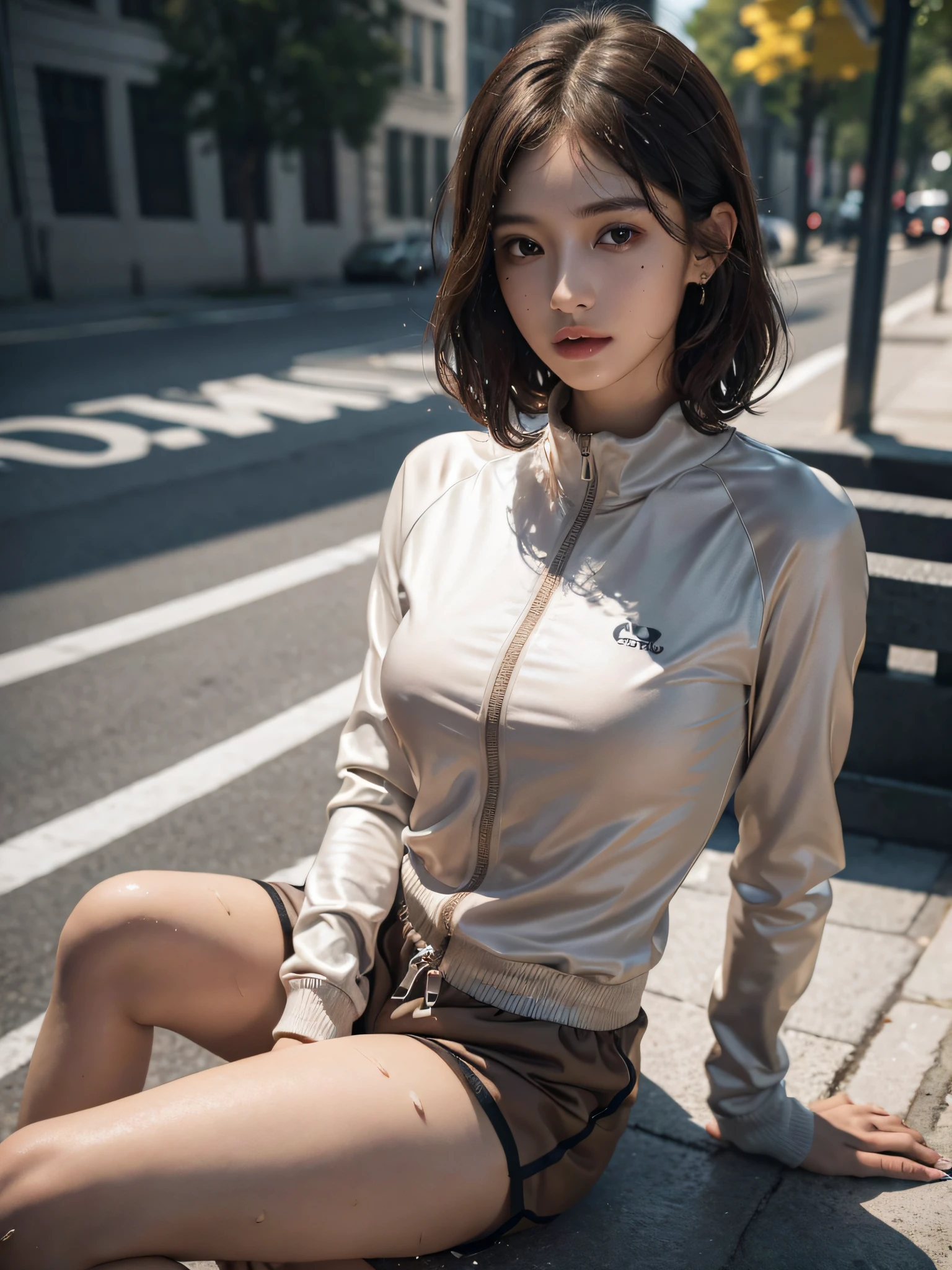 absurderes, Raw photo, Extremely delicate and beautiful, masutepiece, Best Quality, Ultra High Resolution, 16 K, hyper realisitic, Realistic, Photorealistic, Photorealsitic, Ultra-detailed, Perfect Anatomy, super detailed skin, Perfect figure, Very detailed CG 8k wallpaper, in her 20s, Very slim body, Narrow waist, Very small head, Very small face, Delicate facial features, tear moles, Earring, thin legs, (very massive round chest), (Full body shot:1.2), (1 girl), Short hair, (Wavy Hair), (light brown hair), (Wet clothes), (Joggers:1.2), (Shorts), Sleeveless, Midriff,