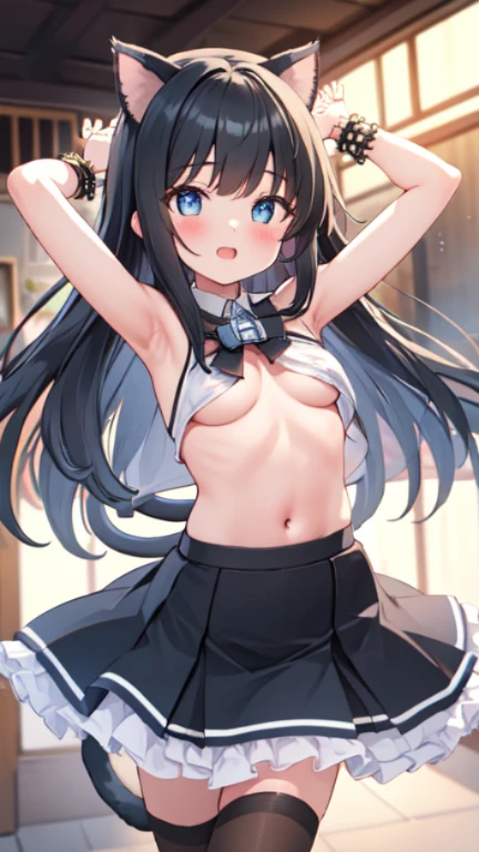 Beautiful illustration、masuter piece, (​masterpiece、top-quality、8K ),intricate detailes,ultra-detailliert,softfocus、Black hair,Straight hair, long, Blue eyes, small tits、a junior high school student, 12year old、Navel Ejection、underboob、Cat's ears、tail、((((Idol Costumes)))),Poses that fascinate a man、