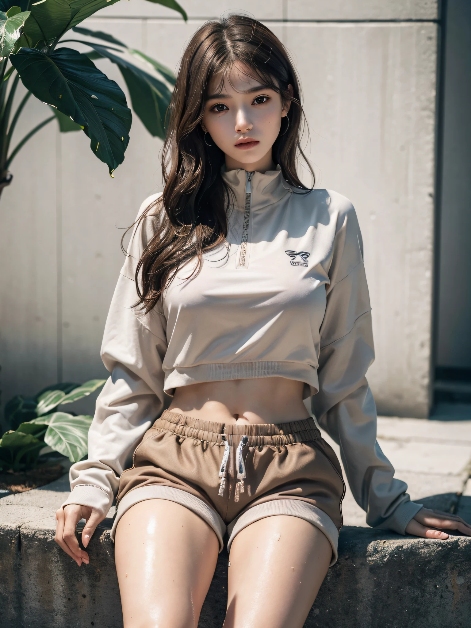 absurderes, Raw photo, Extremely delicate and beautiful, masutepiece, Best Quality, Ultra High Resolution, 16 K, hyper realisitic, Realistic, Photorealistic, Photorealsitic, Ultra-detailed, Perfect Anatomy, super detailed skin, Perfect figure, Very detailed CG 8k wallpaper, in her 20s, Very slim body, Narrow waist, Very small head, Very small face, Delicate facial features, tear moles, Earring, thin legs, (very massive round chest), (Full body shot:1.2), (1 girl), lob hair, (Wavy Hair), (light brown hair), (Wet clothes), (Joggers:1.2), (Shorts),