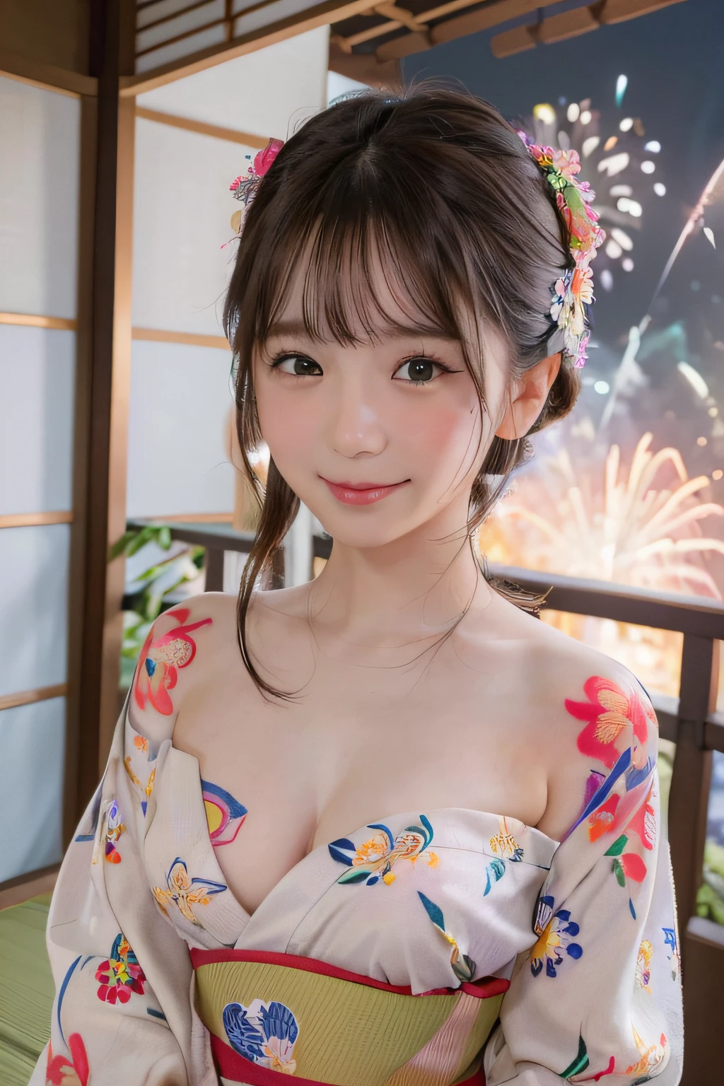 (1**ung girls), Extremely cute face, Amazing face and eyes, (Highly detailed eyes, Highly detailed face), fresh, Very clean appearance, (Hyper-realistic, hight resolution), (Best Quality:1.4), Raw photo, (Realistic, Photorealsitic:1.37), Professional Photography, (floral pattern yukata:1.5), (Open yukata), (Tattoo with a floral pattern:1.5), , Smile slightly, (Staring at me), Bedroom, girl portrait,,flat chest,  **** girl、Loli with an ***************** face、Cute idol face、(((Fireworks in the sky、natta)))