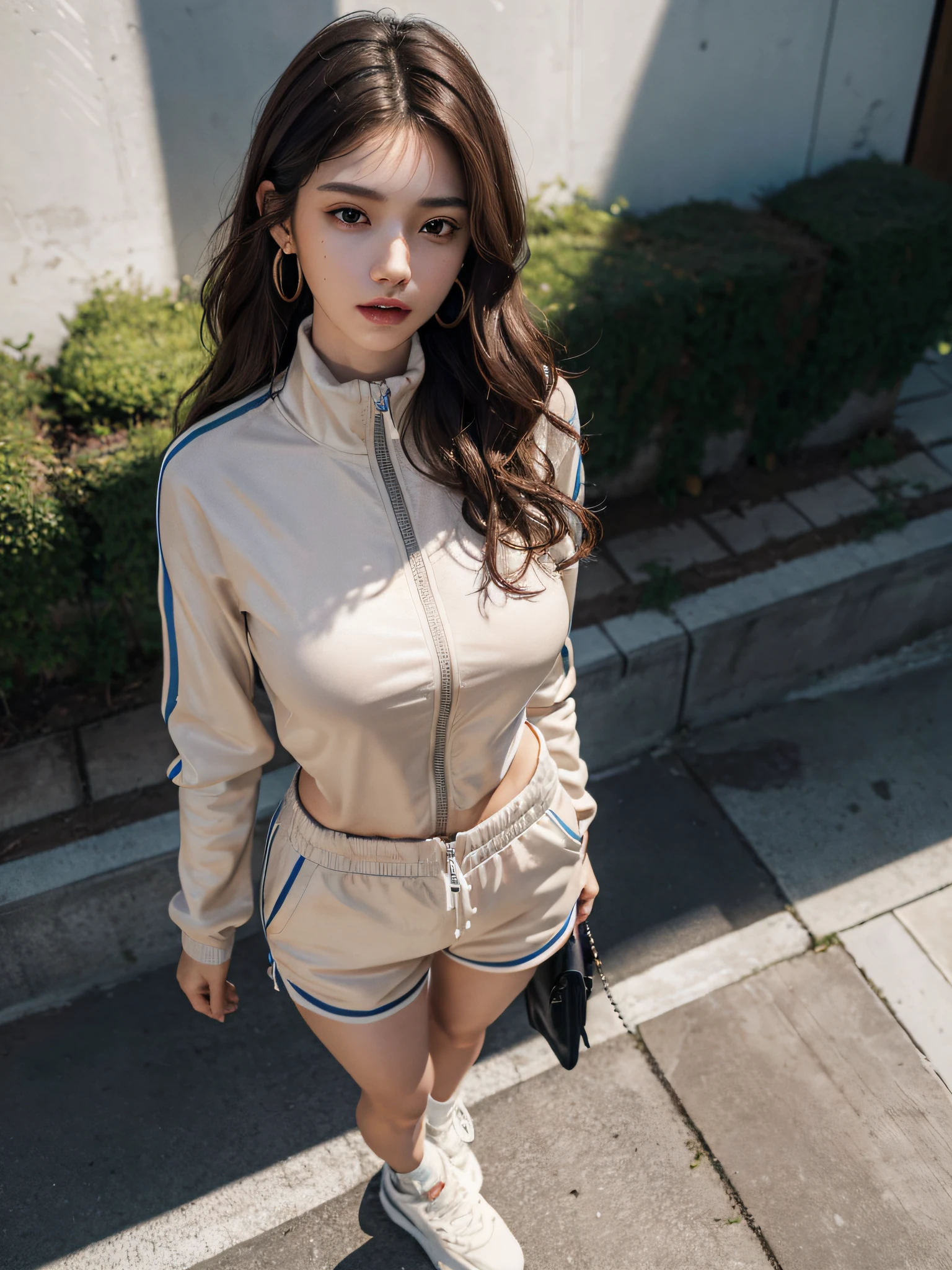 absurderes, Raw photo, Extremely delicate and beautiful, masutepiece, Best Quality, Ultra High Resolution, 16 K, hyper realisitic, Realistic, Photorealistic, Photorealsitic, Ultra-detailed, Perfect Anatomy, super detailed skin, Perfect figure, Very detailed CG 8k wallpaper, in her 20s, Very slim body, Narrow waist, Very small head, Very small face, Delicate facial features, tear moles, Earring, thin legs, (very massive round chest), (Full body shot:1.2), (1 girl), lob hair, (Wavy Hair), (light brown hair), (Wet clothes), (Joggers:1.2), (Shorts),
