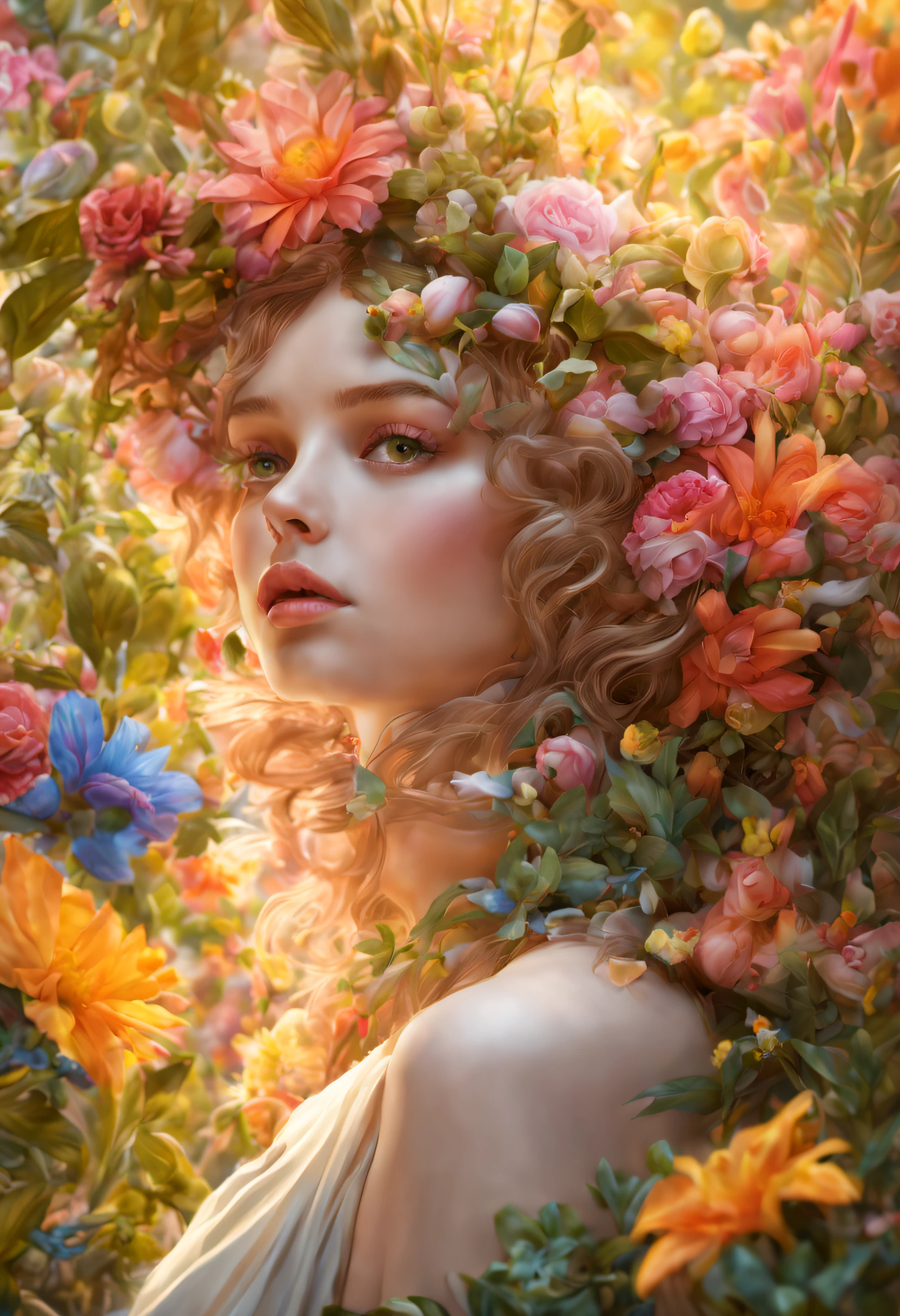 best quality,highres,masterpiece:1.2,ultra-detailed,realistic,photorealistic:1.37,girl made of flowers and plants,beautiful detailed eyes,beautiful detailed lips,extremely detailed eyes and face,long eyelashes,colourful garden,delicate petals,blooming flowers,vibrant leaves,vivid colors,soft sunlight,ethereal atmosphere,harmonious composition,botanical beauty,organic elements,blend of flora and fauna,botanical dream,creative transformation,floral fashion,fantasy figure,nature-inspired art,unique botanical portrait,natural elegance,artistic fusion,femininity meets nature,surreal botanical art,whimsical garden,floral goddess