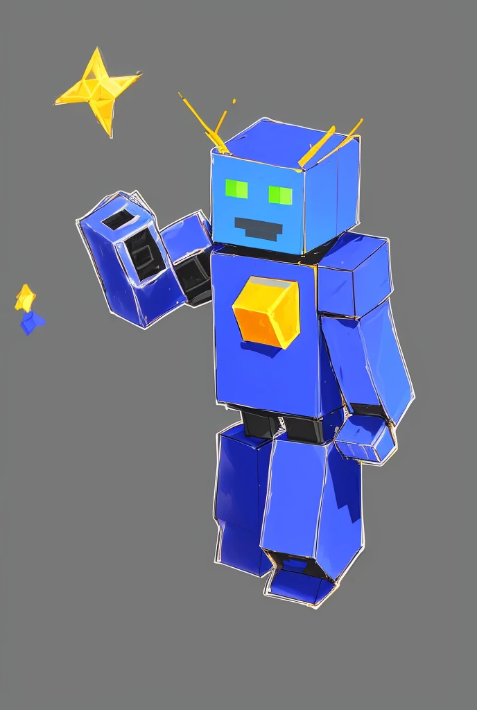 a close up of a blue robot with a yellow star on its arm, blocky, blocky like minecraft, blocktober, posing robotically, blocky shape, anthropomorphic robot [ thing ], half - finished robot, ((robot)), humanoid shape, ms paint drawing, anthropomorphic humanoid, half robot, scutoid, Yellow symbol, minecraft people, block person