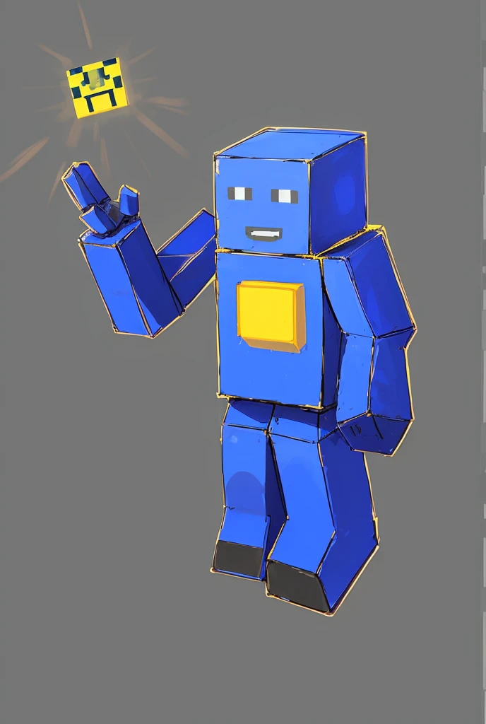 a close up of a blue robot with a yellow star on its arm, blocky, blocky like minecraft, blocktober, posing robotically, blocky shape, anthropomorphic robot [ thing ], half - finished robot, ((robot)), humanoid shape, ms paint drawing, anthropomorphic humanoid, half robot, scutoid, Yellow symbol, minecraft people, block person